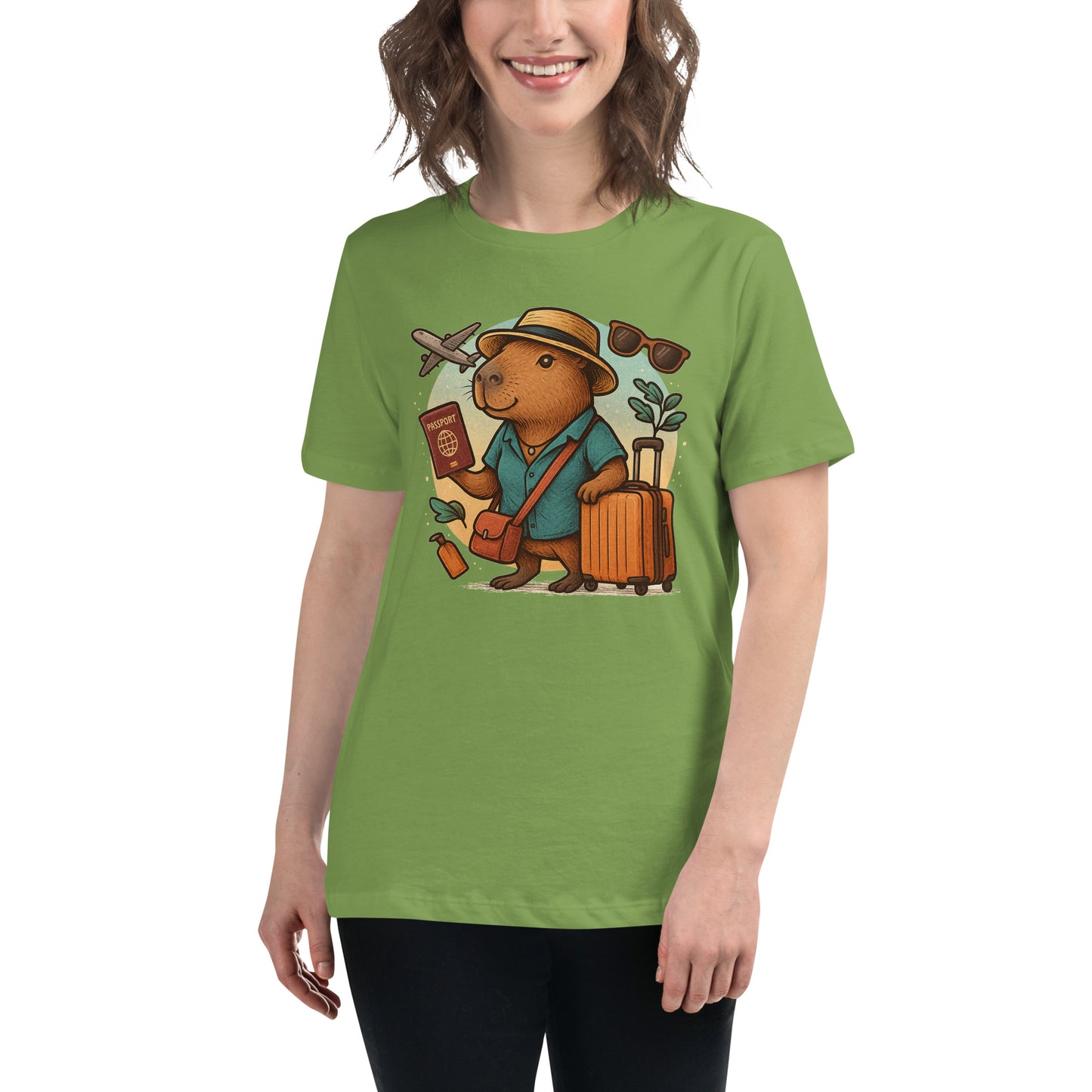 Cartoon Woman Capybara holding passport leaning on suitcase with straw hat and satchel bag, plane and sunglasses in background Women's T-Shirt front view