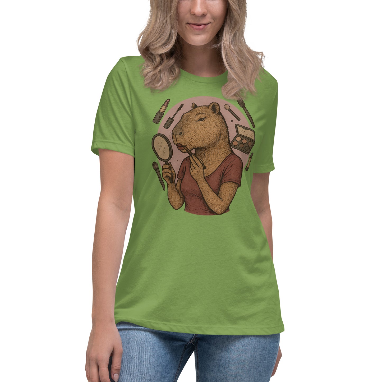 Cartoon Woman Capybara applying lipstick looking in hand mirror with makeup background Women's T-Shirt front view