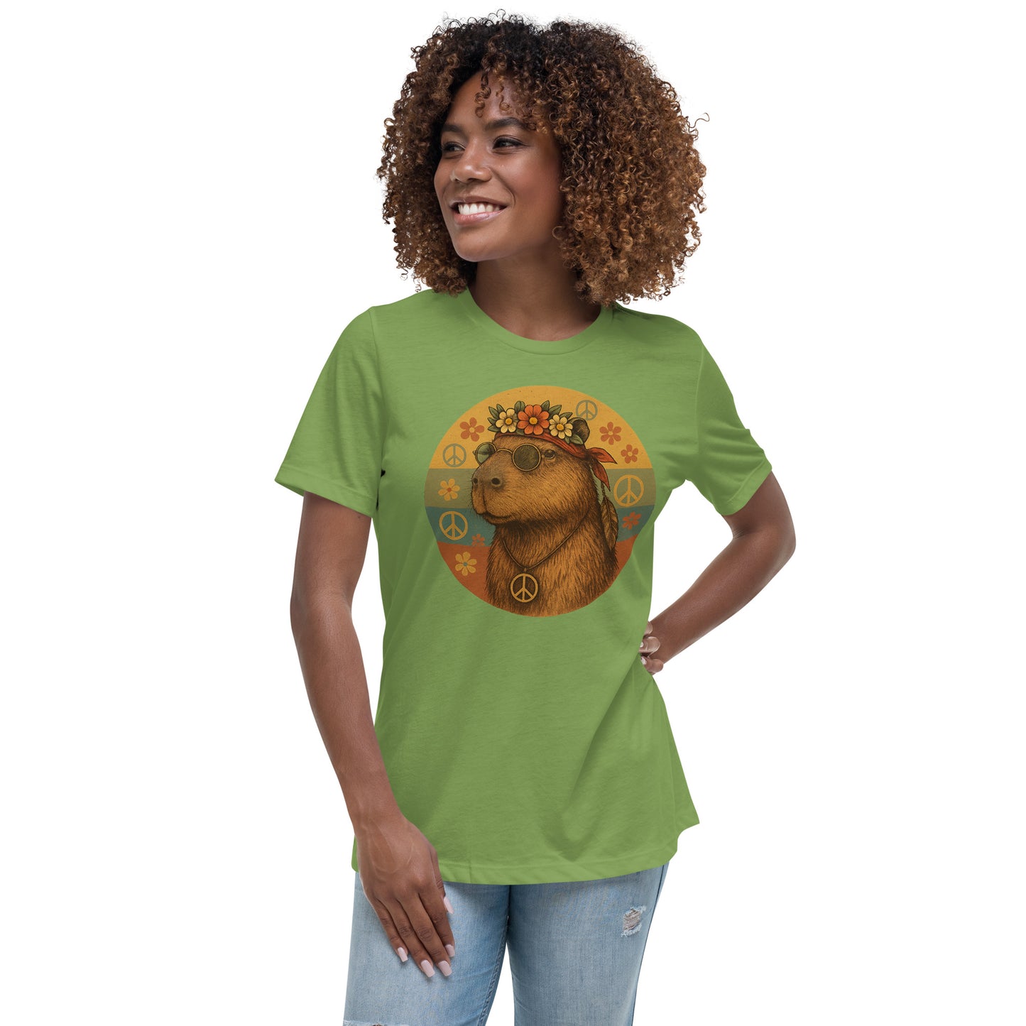 Cartoon Woman Hippie Capybara with John Lennon glasses, peace symbol, and flower headband Women's T-Shirt front view