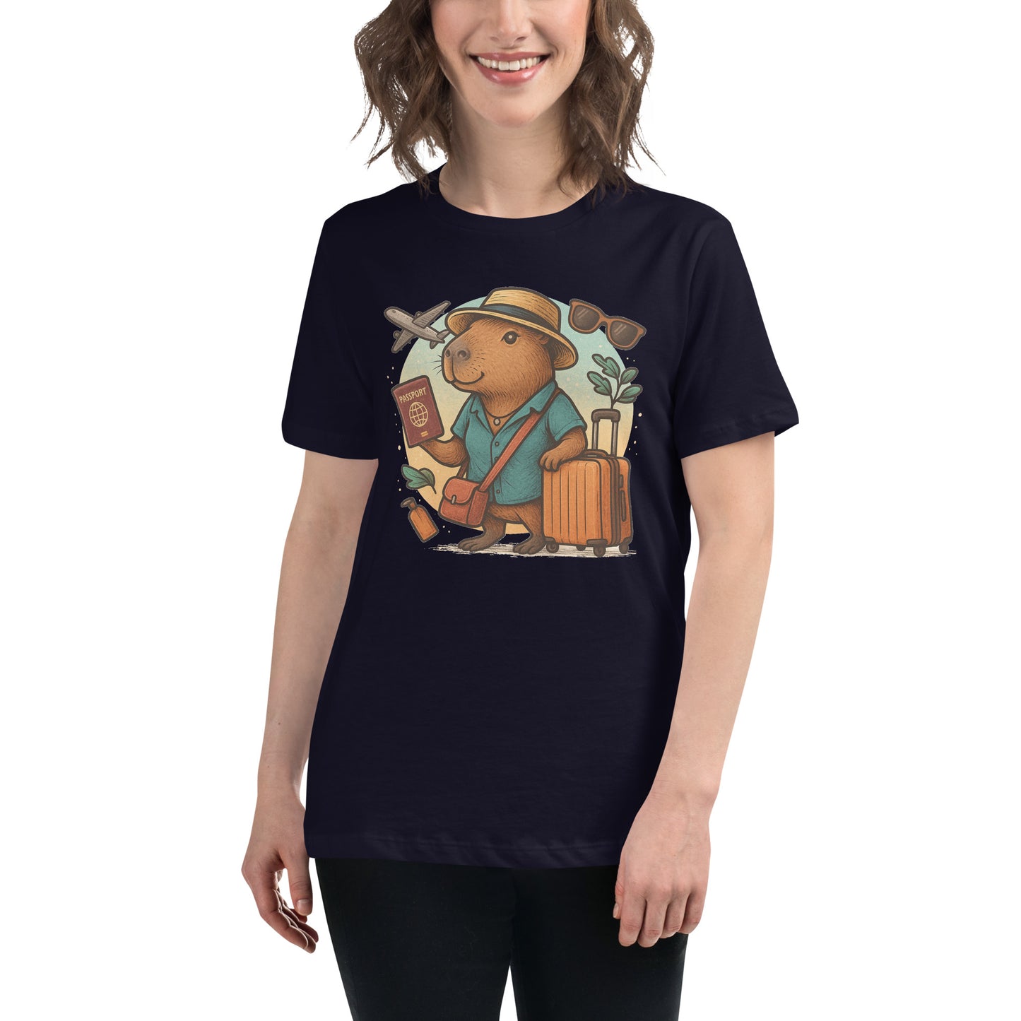 Cartoon Woman Capybara holding passport leaning on suitcase with straw hat and satchel bag, plane and sunglasses in background Women's T-Shirt front view