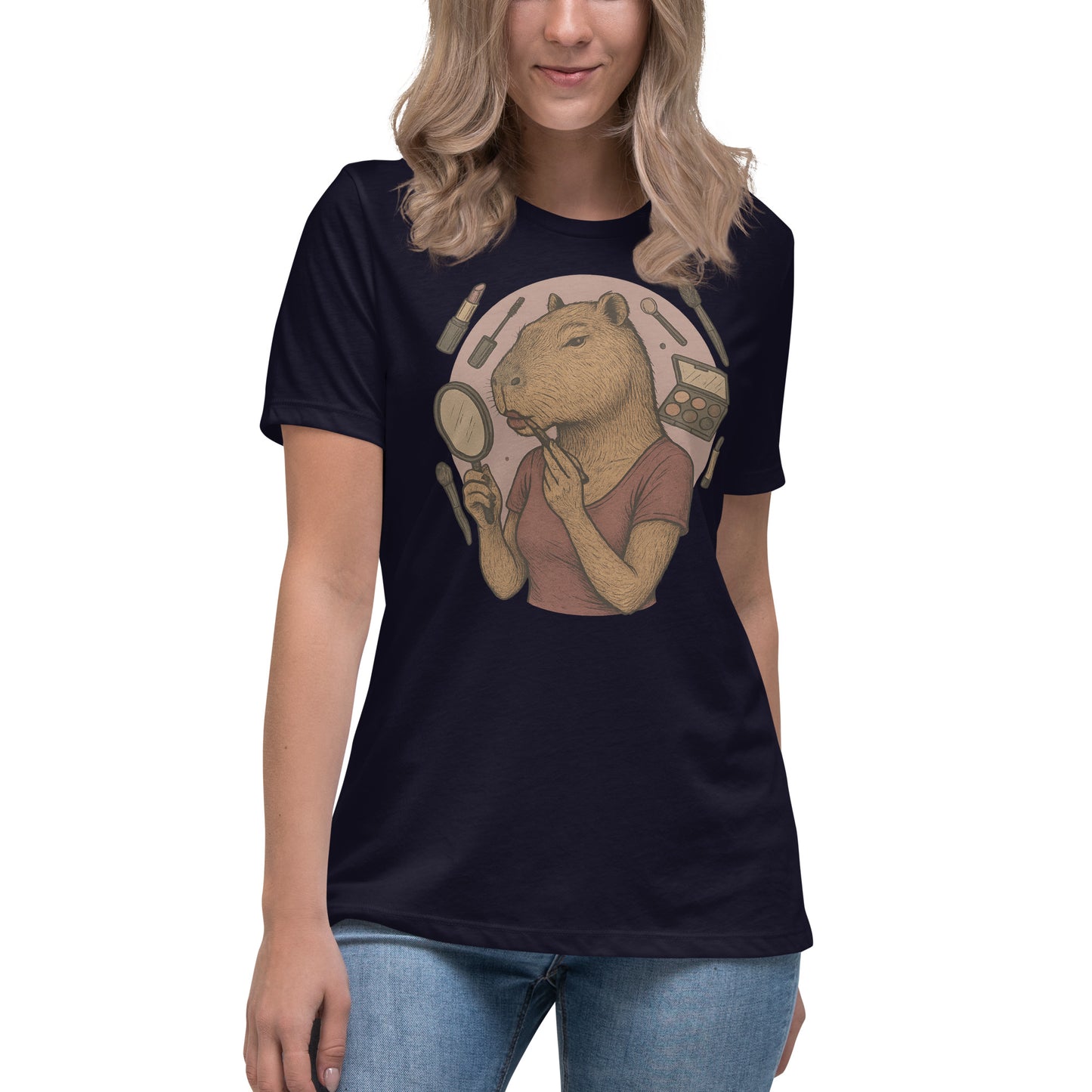 Cartoon Woman Capybara applying lipstick looking in hand mirror with makeup background Women's T-Shirt front view