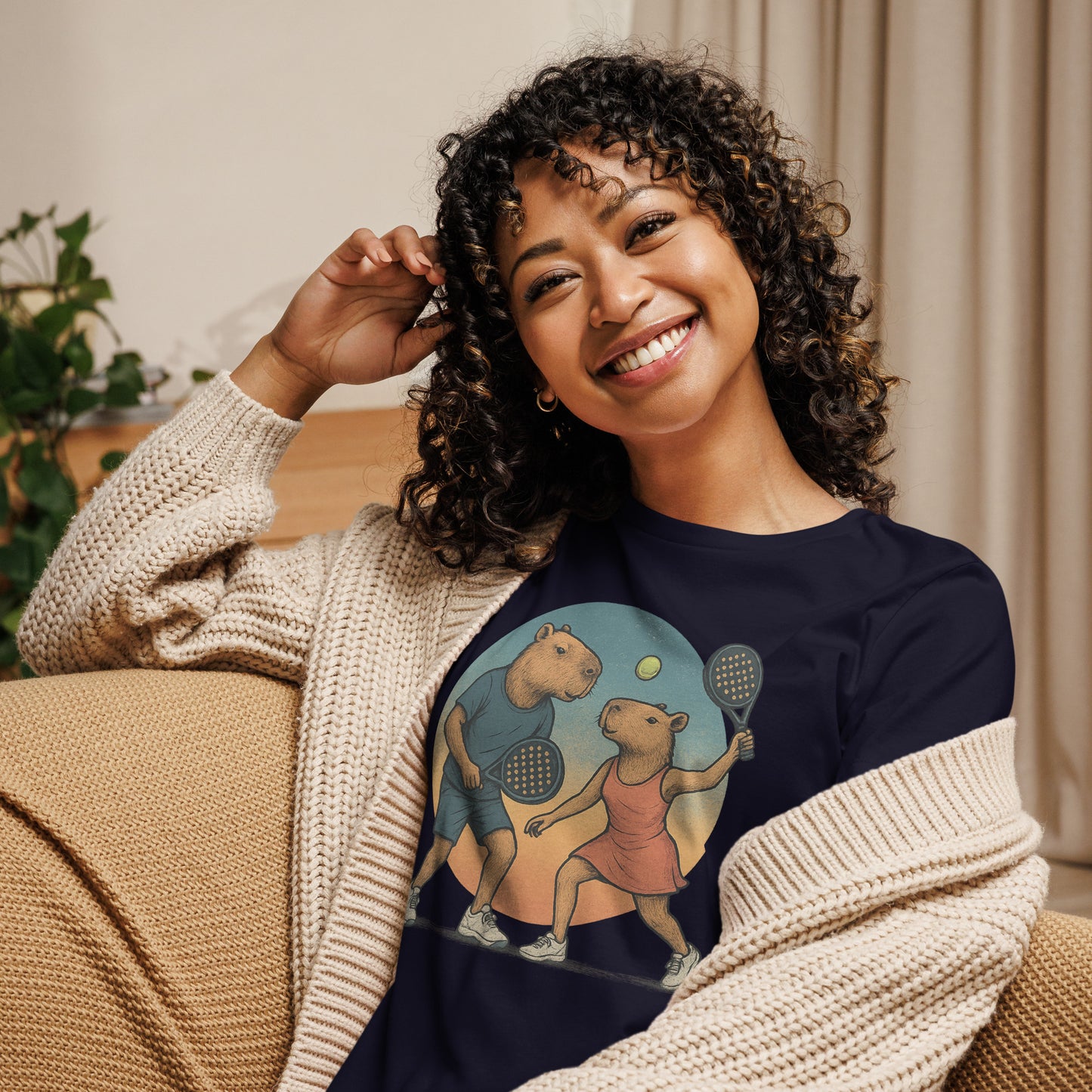 Cartoon Capybara Padel Players Women's Sport T-Shirt front view