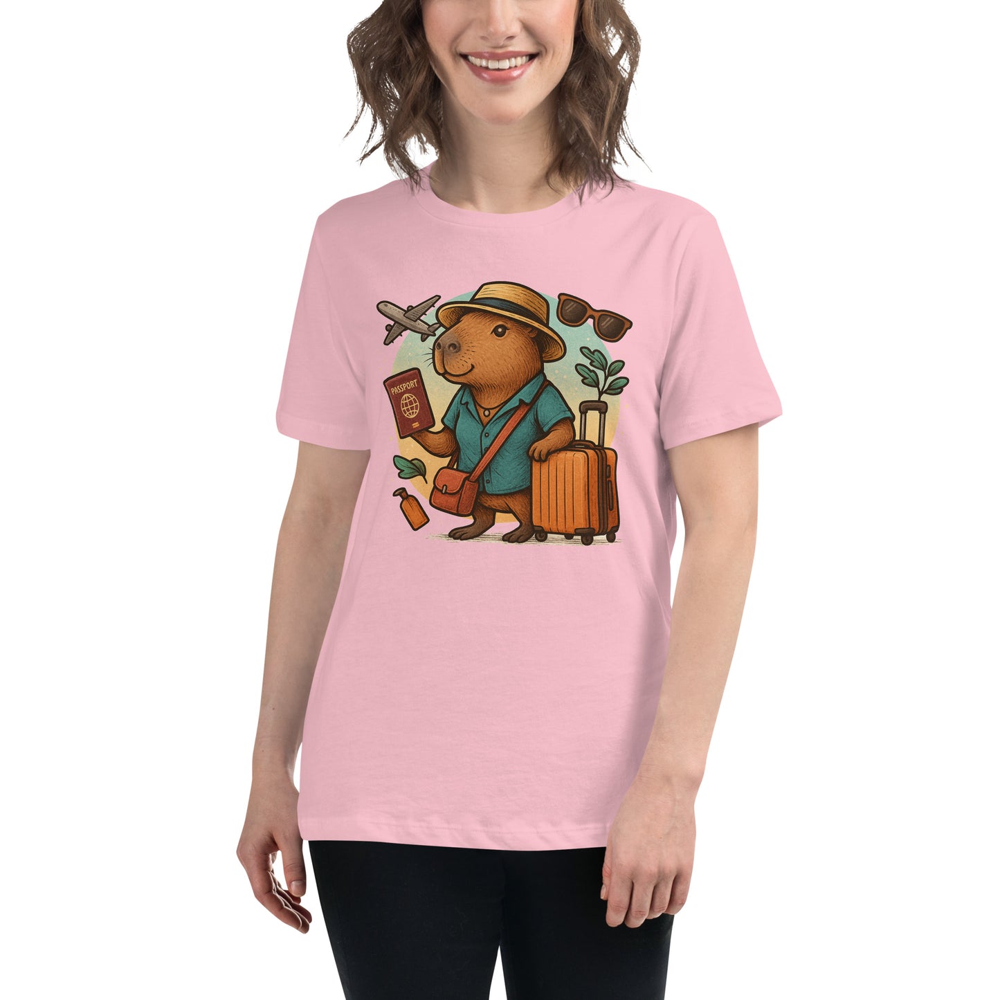 Cartoon Woman Capybara holding passport leaning on suitcase with straw hat and satchel bag, plane and sunglasses in background Women's T-Shirt front view