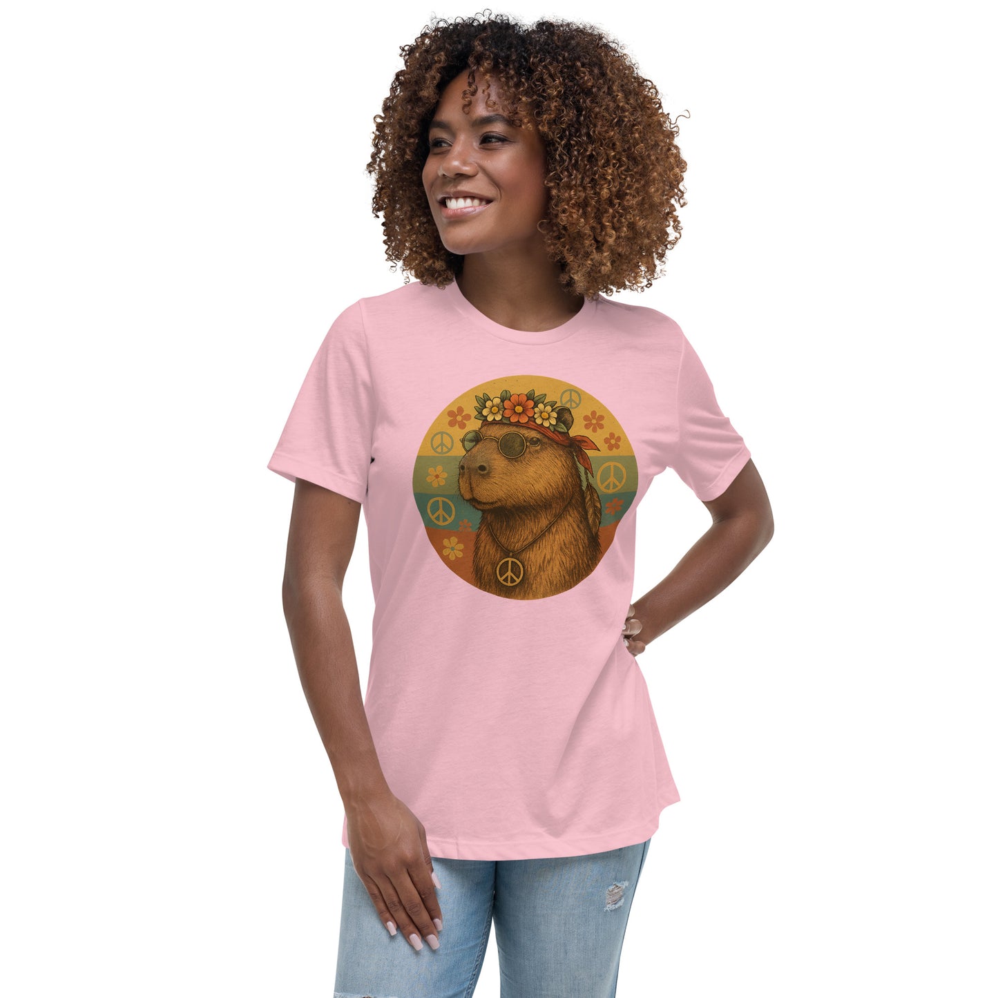 Cartoon Woman Hippie Capybara with John Lennon glasses, peace symbol, and flower headband Women's T-Shirt front view
