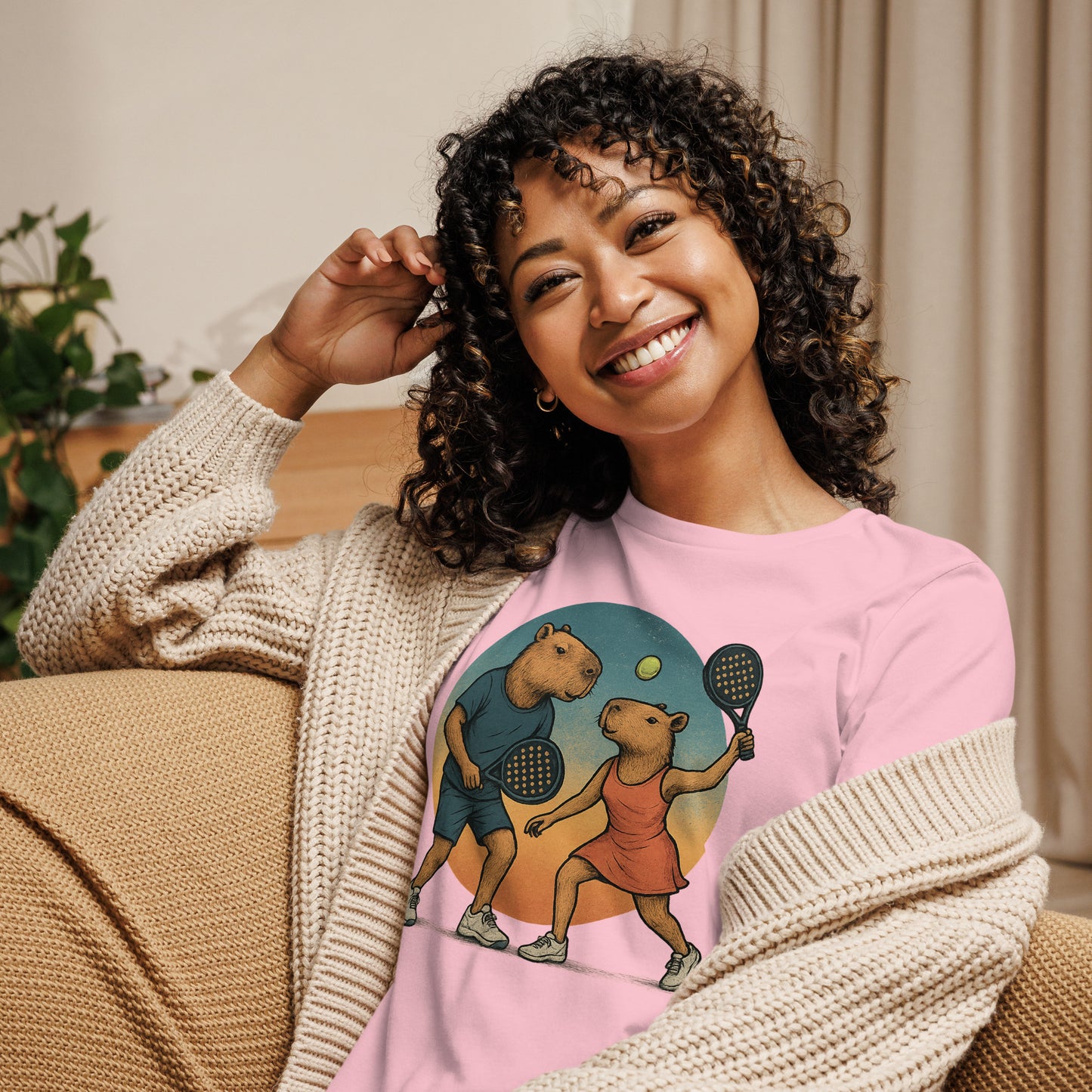 Cartoon Capybara Padel Players Women's Sport T-Shirt front view