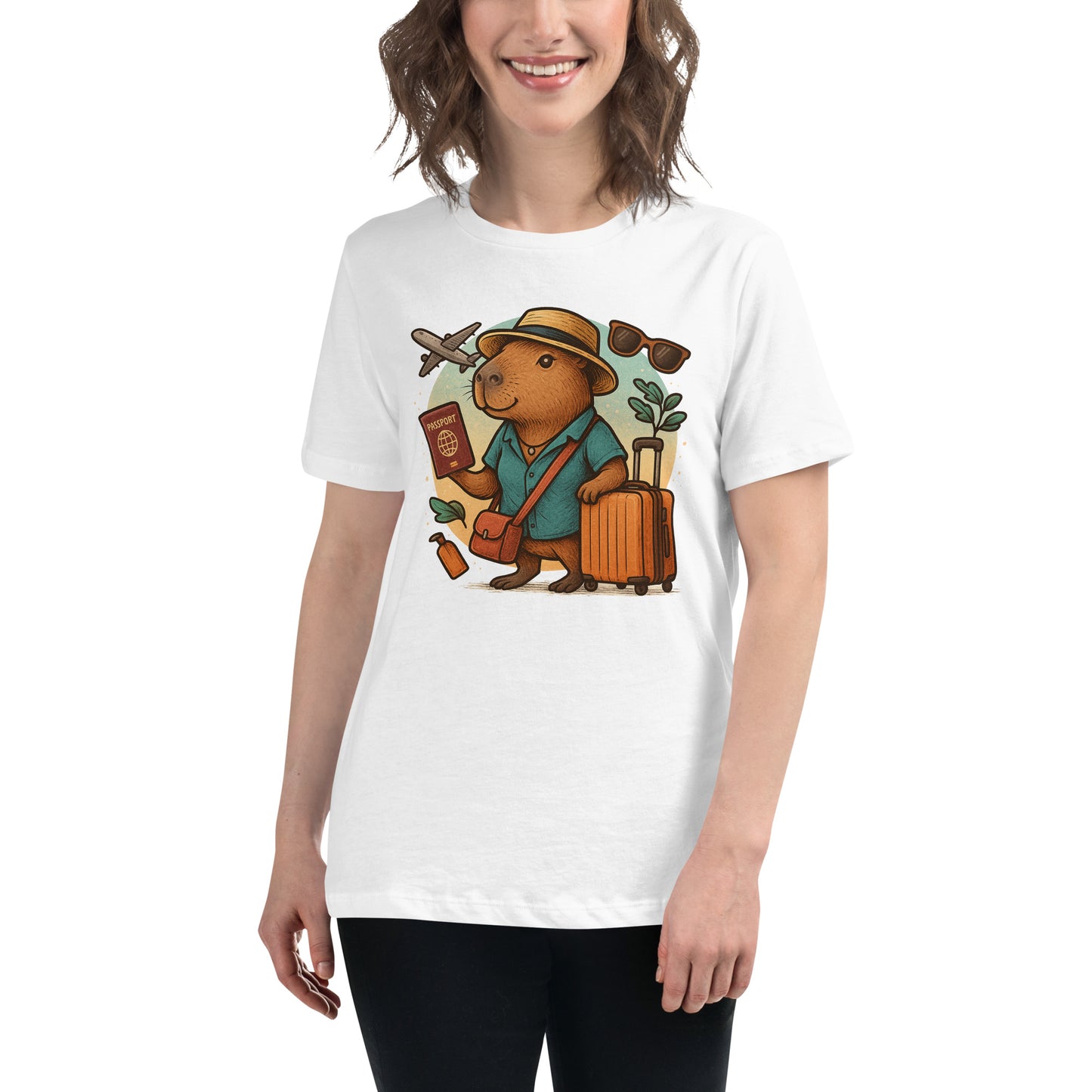 Cartoon Woman Capybara holding passport leaning on suitcase with straw hat and satchel bag, plane and sunglasses in background Women's T-Shirt front view