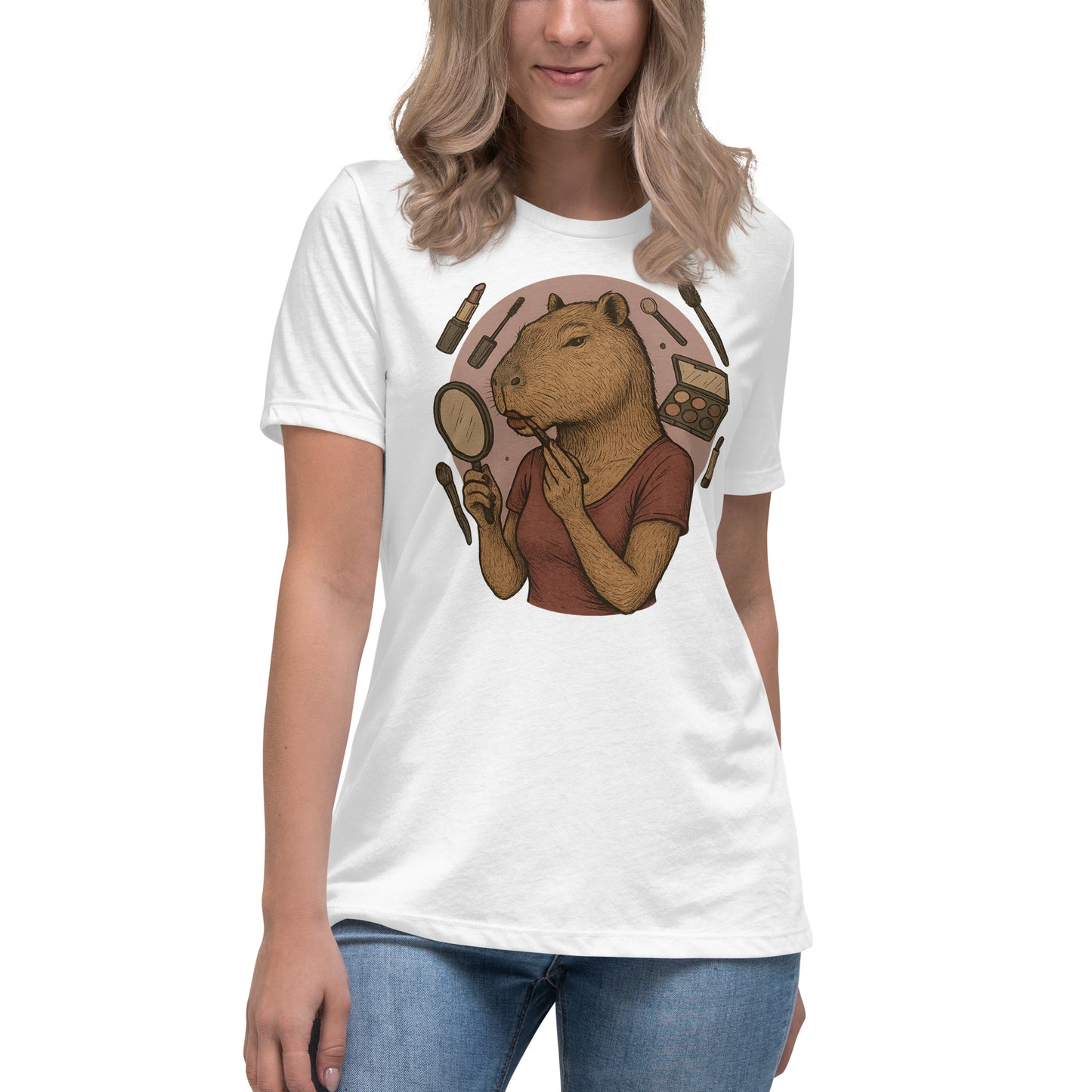 Cartoon Woman Capybara applying lipstick looking in hand mirror with makeup background Women's T-Shirt front view