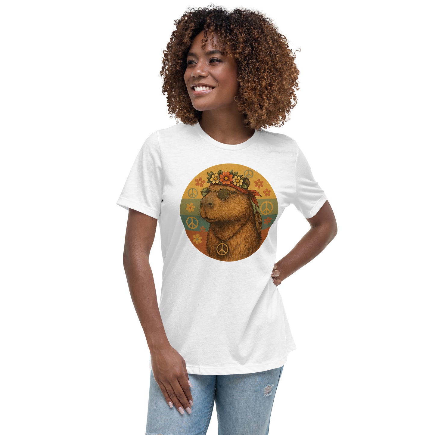 Cartoon Woman Hippie Capybara with John Lennon glasses, peace symbol, and flower headband Women's T-Shirt front view