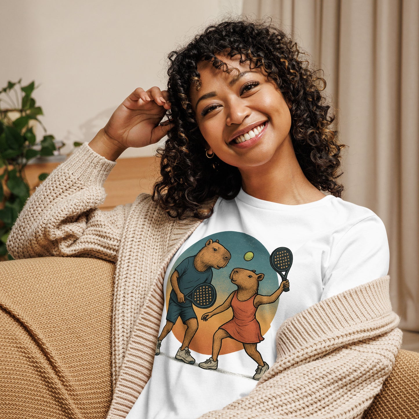 Cartoon Capybara Padel Players Women's Sport T-Shirt front view