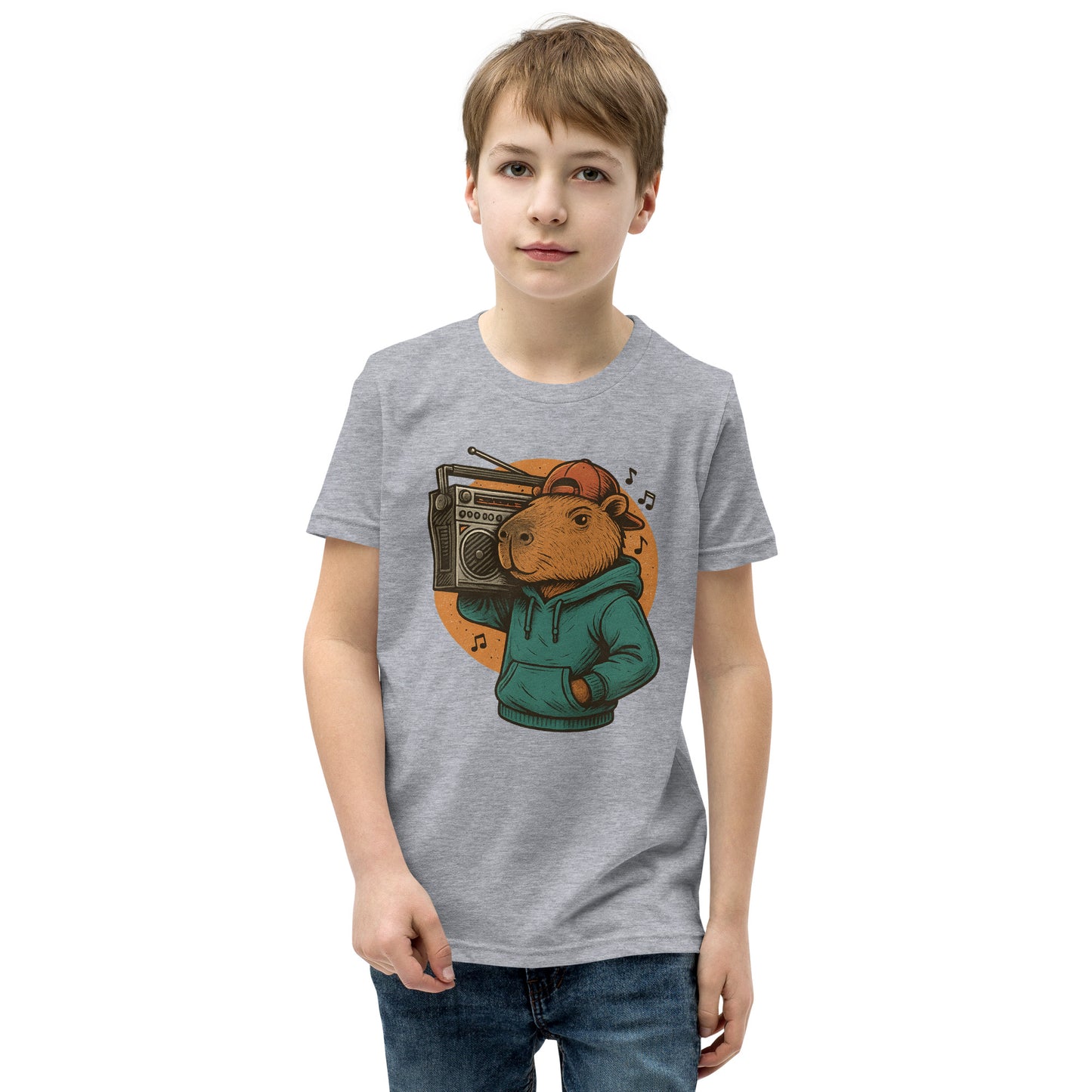 Cartoon Male Capybara with Boombox on Shoulder Teen T-Shirt front view, soft cotton youth tee