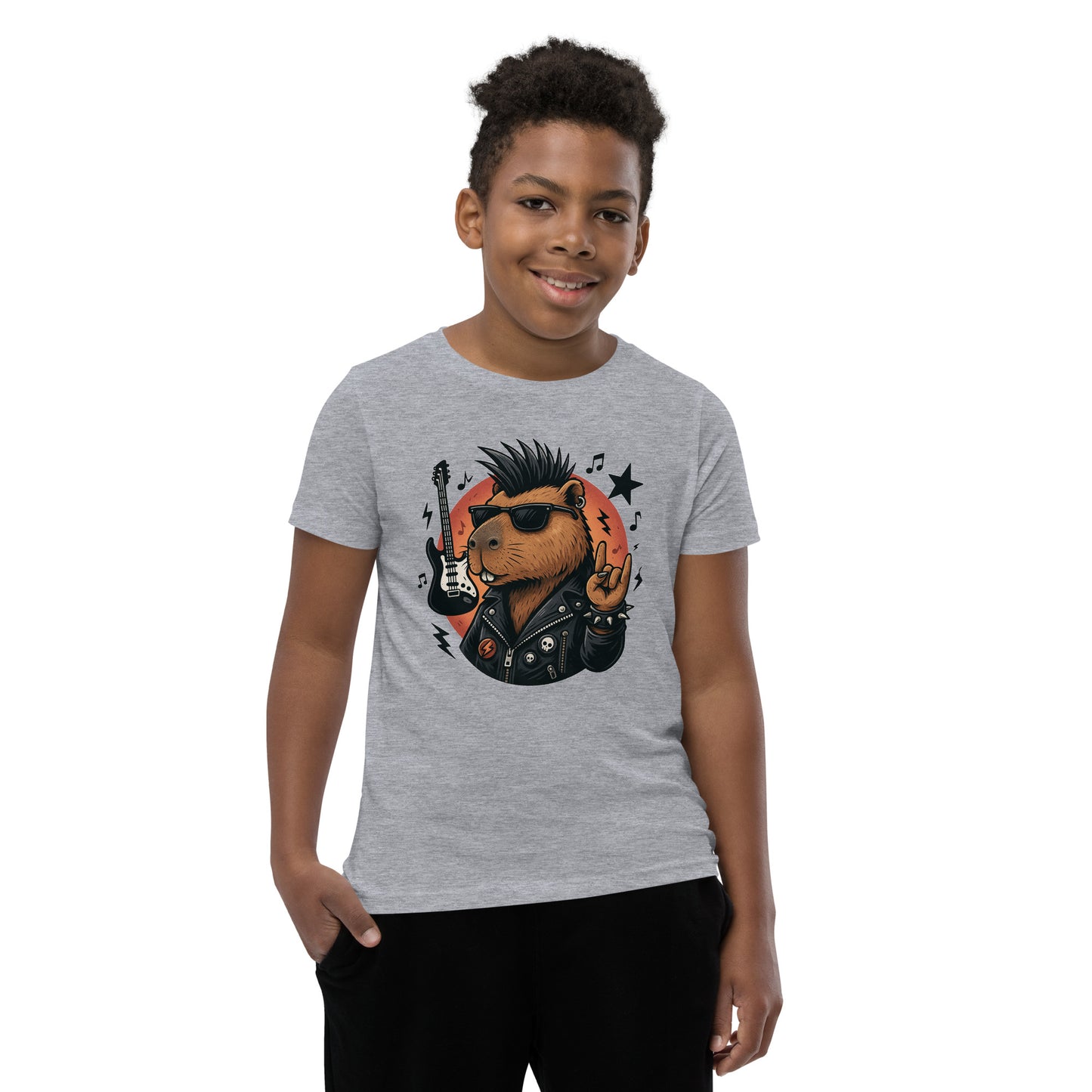 Cartoon Capybara in Rock and Roll Fashion with Guitar and Horns Teen T-Shirt front view, soft cotton youth tee