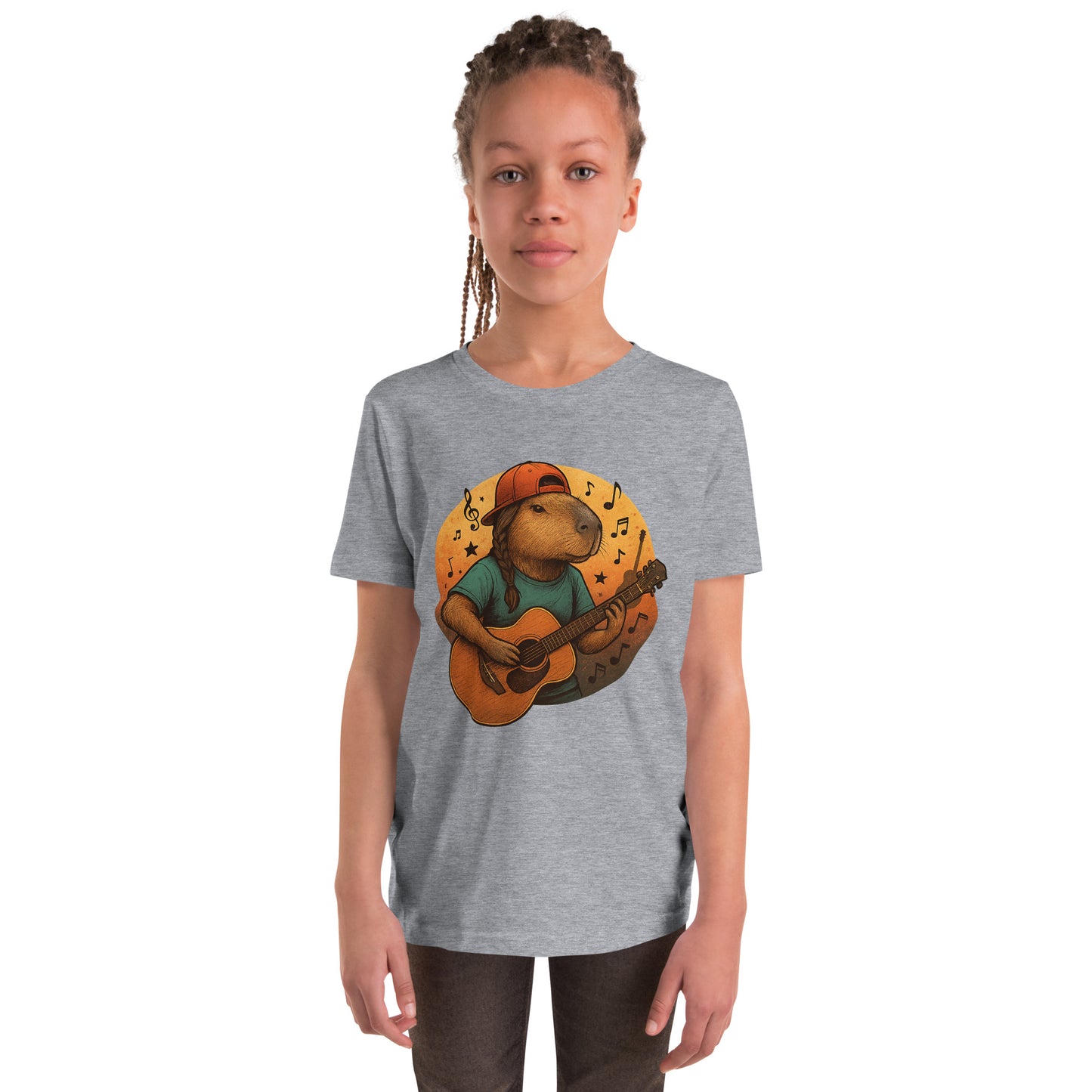 Cartoon Female Capybara playing Guitar with Ponytail Teen T-Shirt front view, soft cotton youth tee