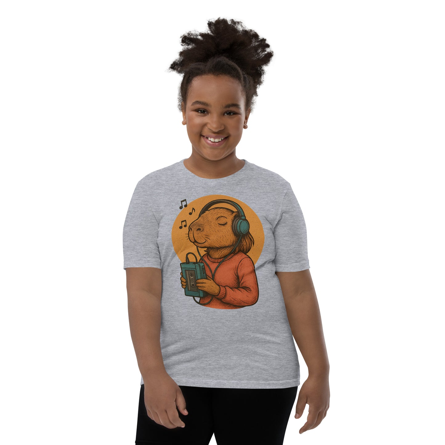 Cartoon Female Capybara Listening to Music with Walkman and Wired Headphones Teen T-Shirt front view, soft cotton youth tee