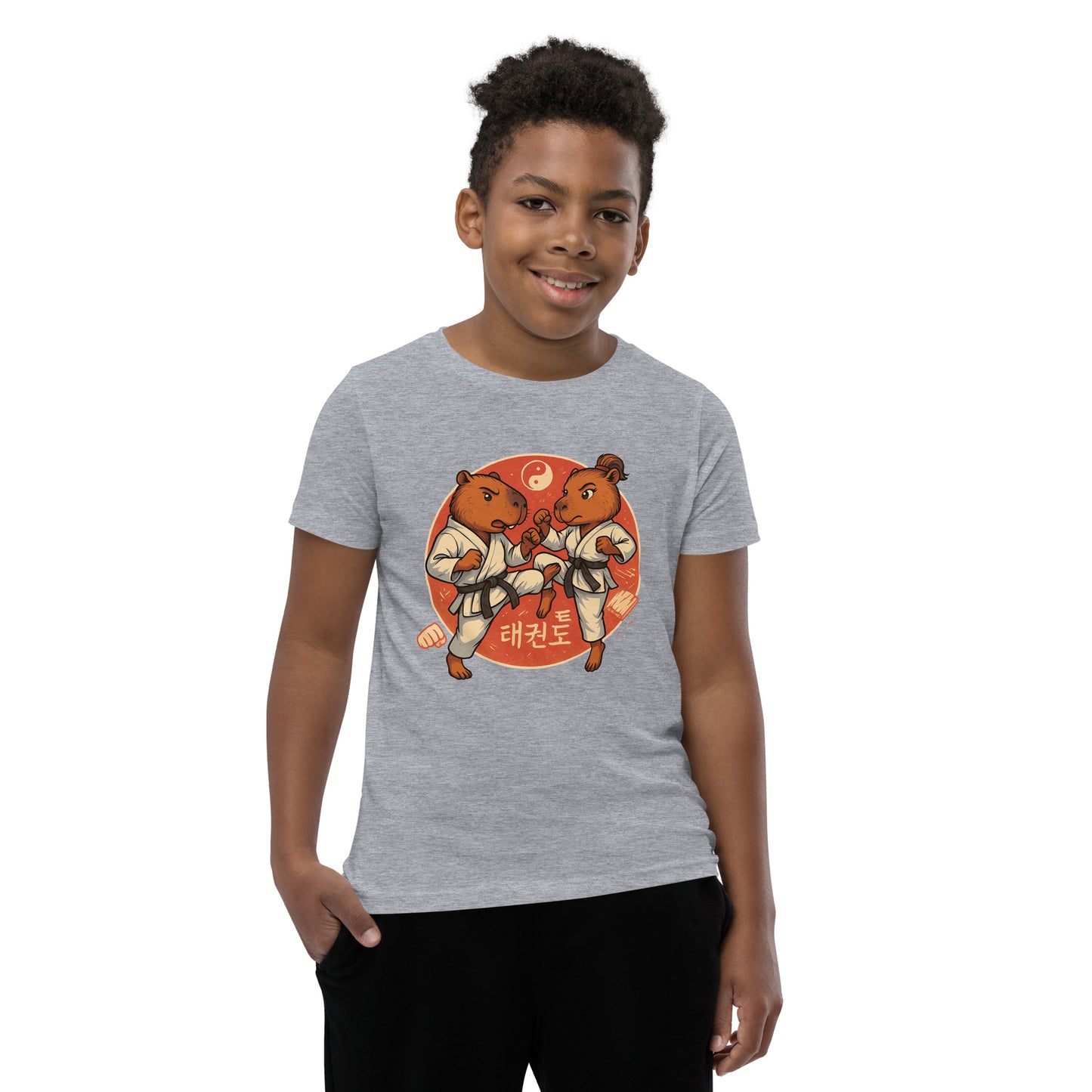 Cartoon Martial Arts Capybaras Fighting Teen T-Shirt front view, soft cotton youth tee