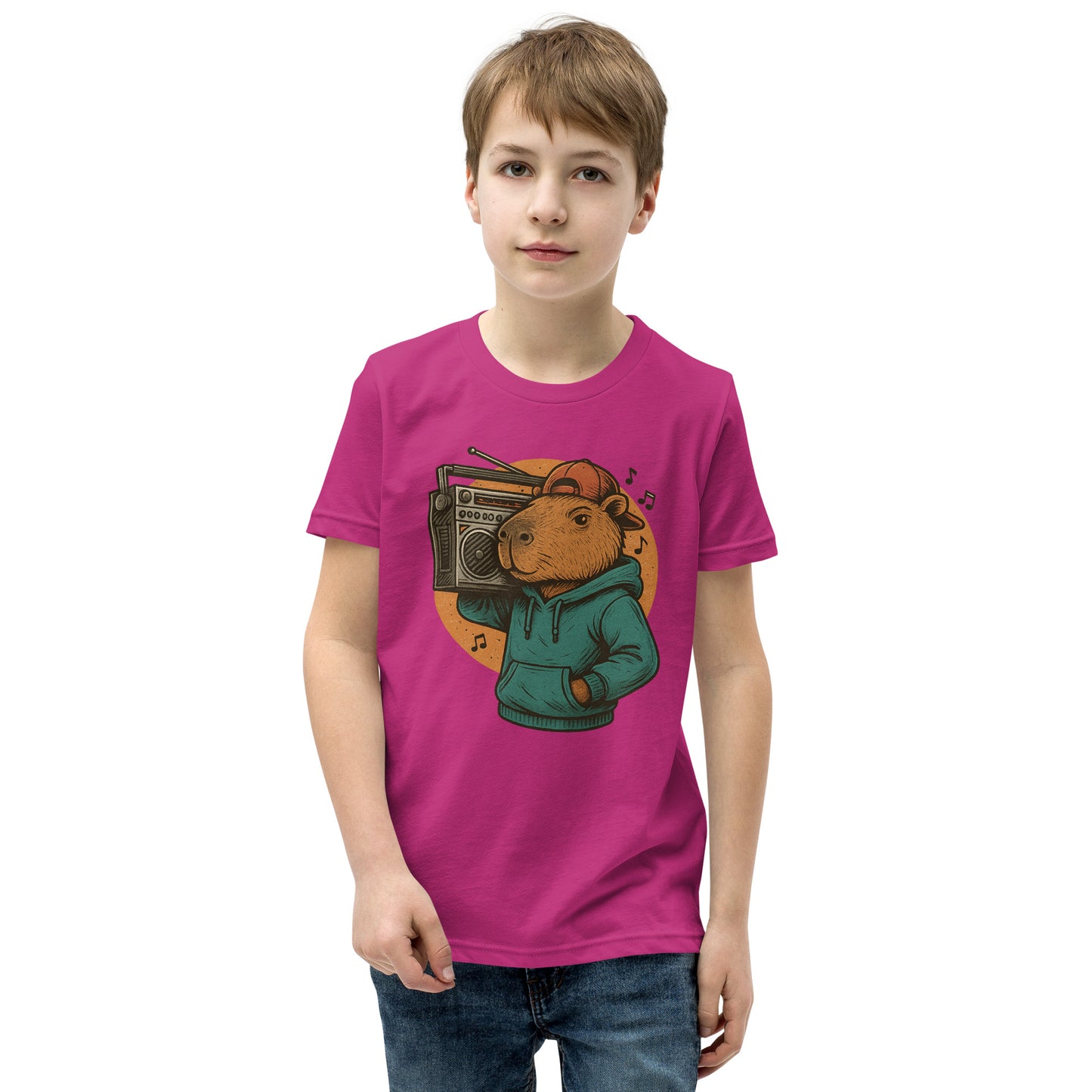 Cartoon Male Capybara with Boombox on Shoulder Teen T-Shirt front view, soft cotton youth tee