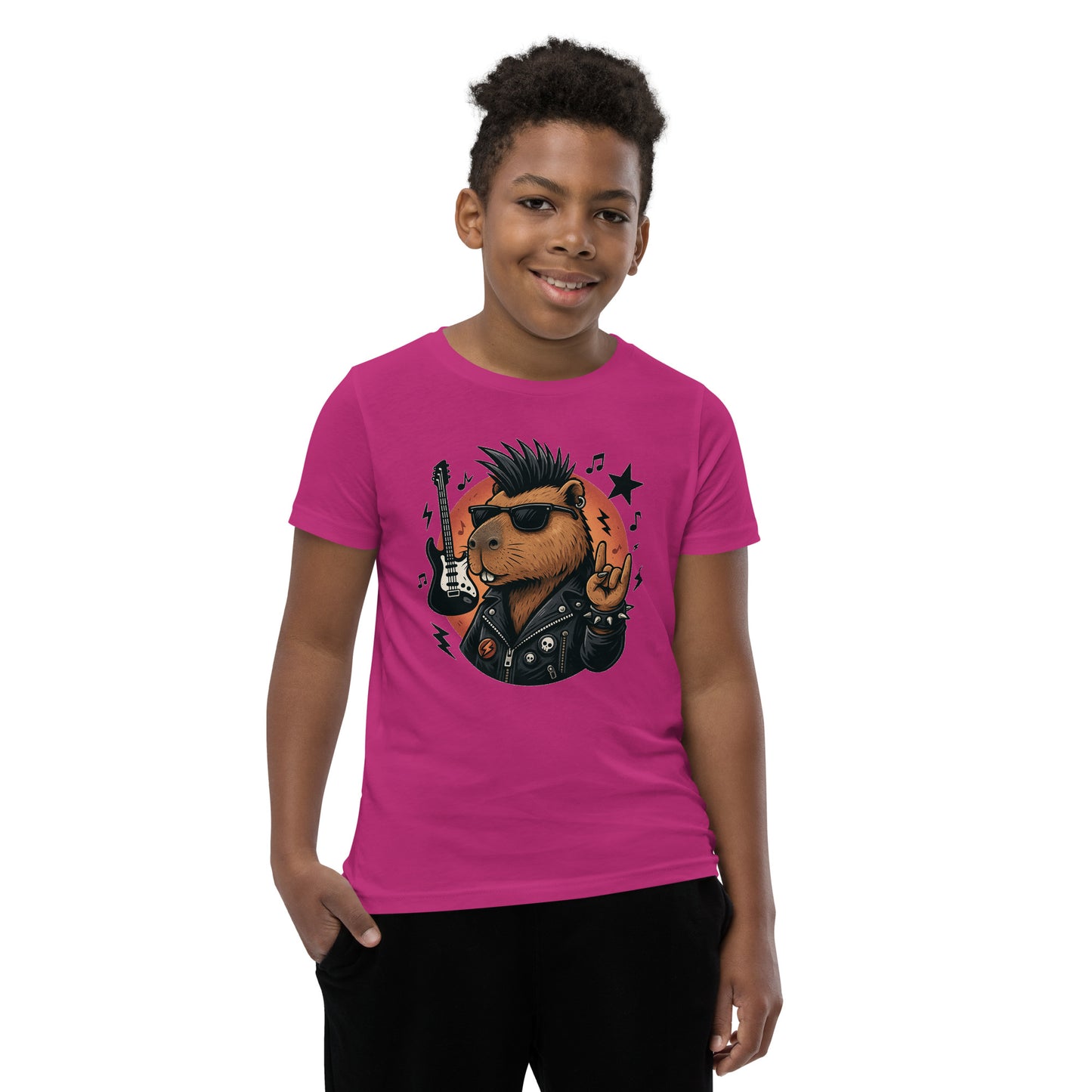 Cartoon Capybara in Rock and Roll Fashion with Guitar and Horns Teen T-Shirt front view, soft cotton youth tee