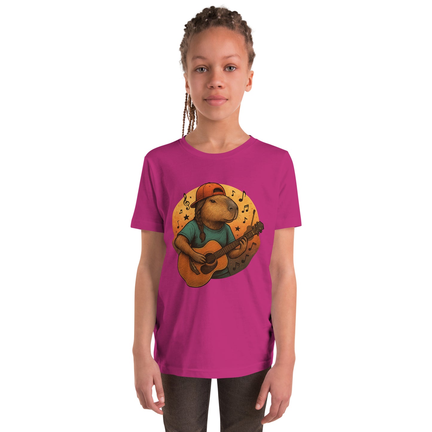 Cartoon Female Capybara playing Guitar with Ponytail Teen T-Shirt front view, soft cotton youth tee