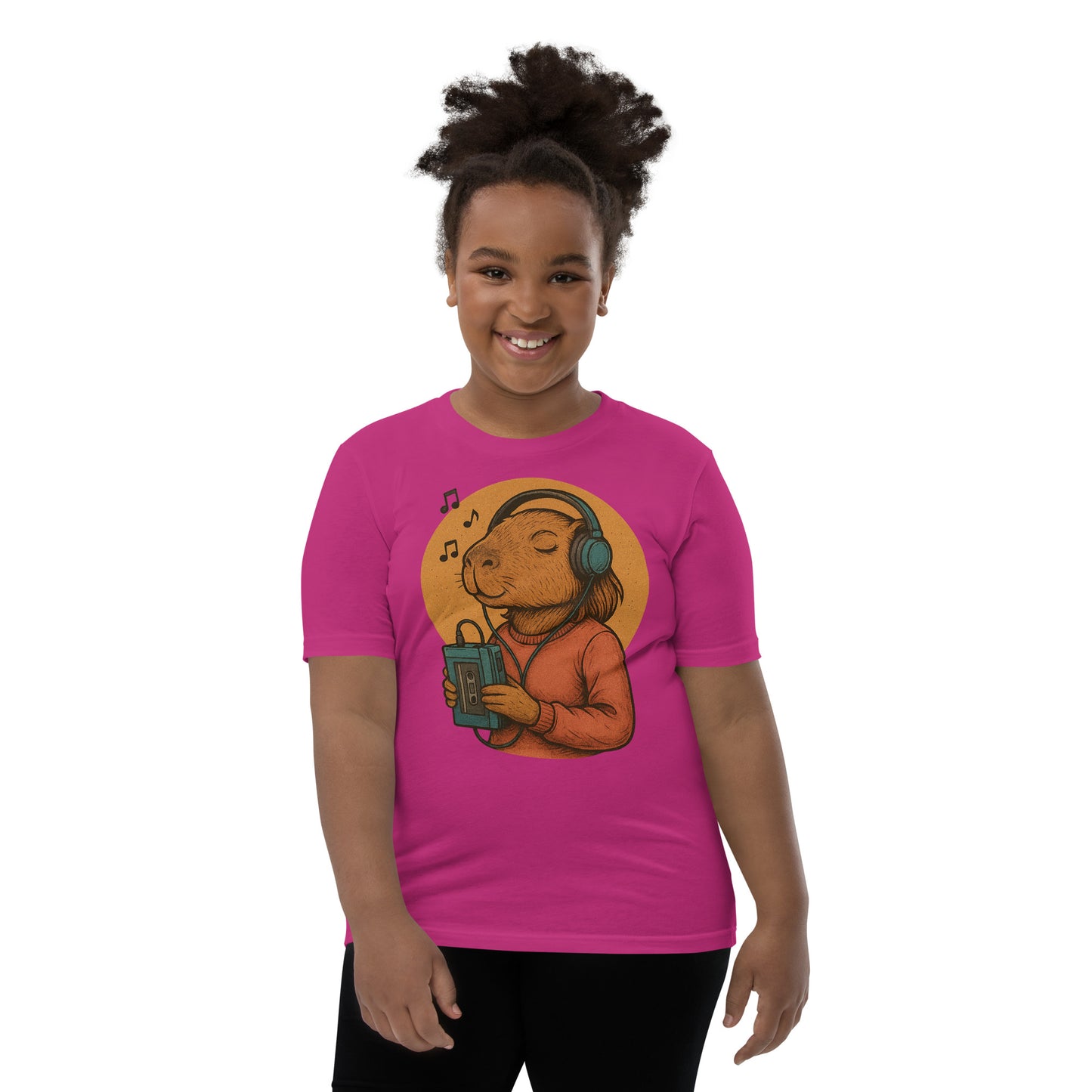 Cartoon Female Capybara Listening to Music with Walkman and Wired Headphones Teen T-Shirt front view, soft cotton youth tee