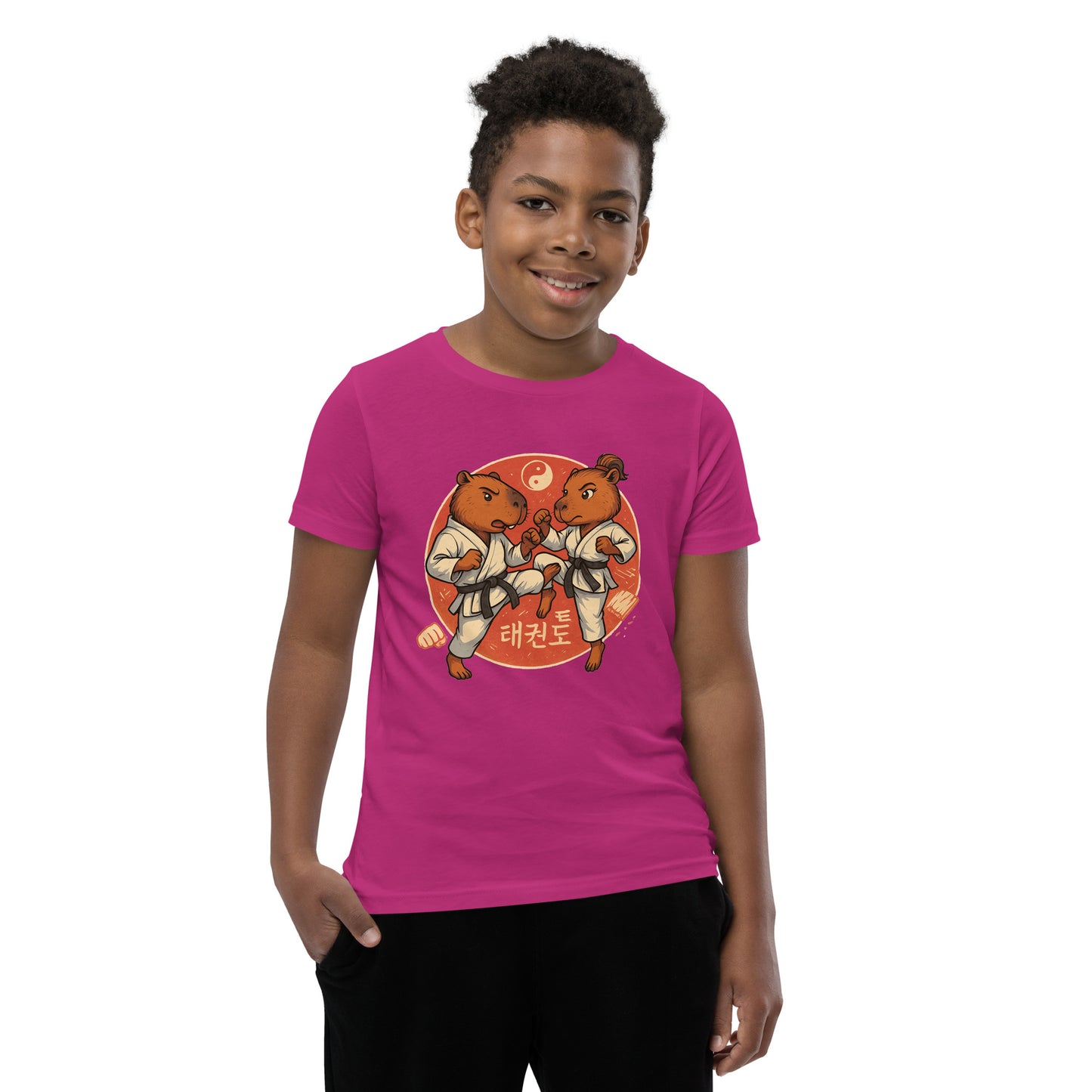 Cartoon Martial Arts Capybaras Fighting Teen T-Shirt front view, soft cotton youth tee