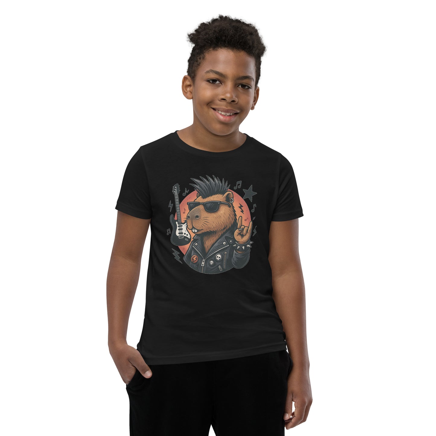 Cartoon Capybara in Rock and Roll Fashion with Guitar and Horns Teen T-Shirt front view, soft cotton youth tee
