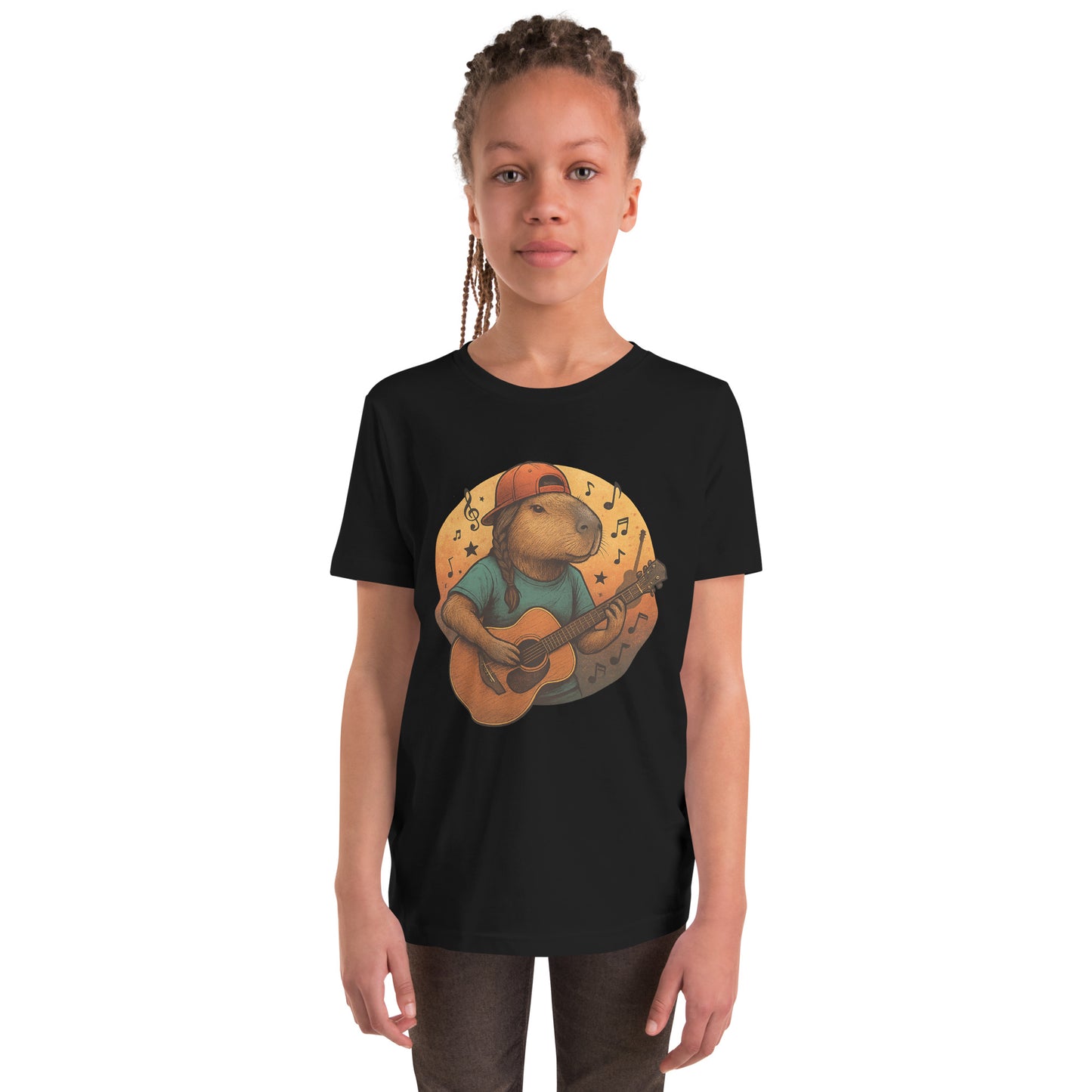 Cartoon Female Capybara playing Guitar with Ponytail Teen T-Shirt front view, soft cotton youth tee