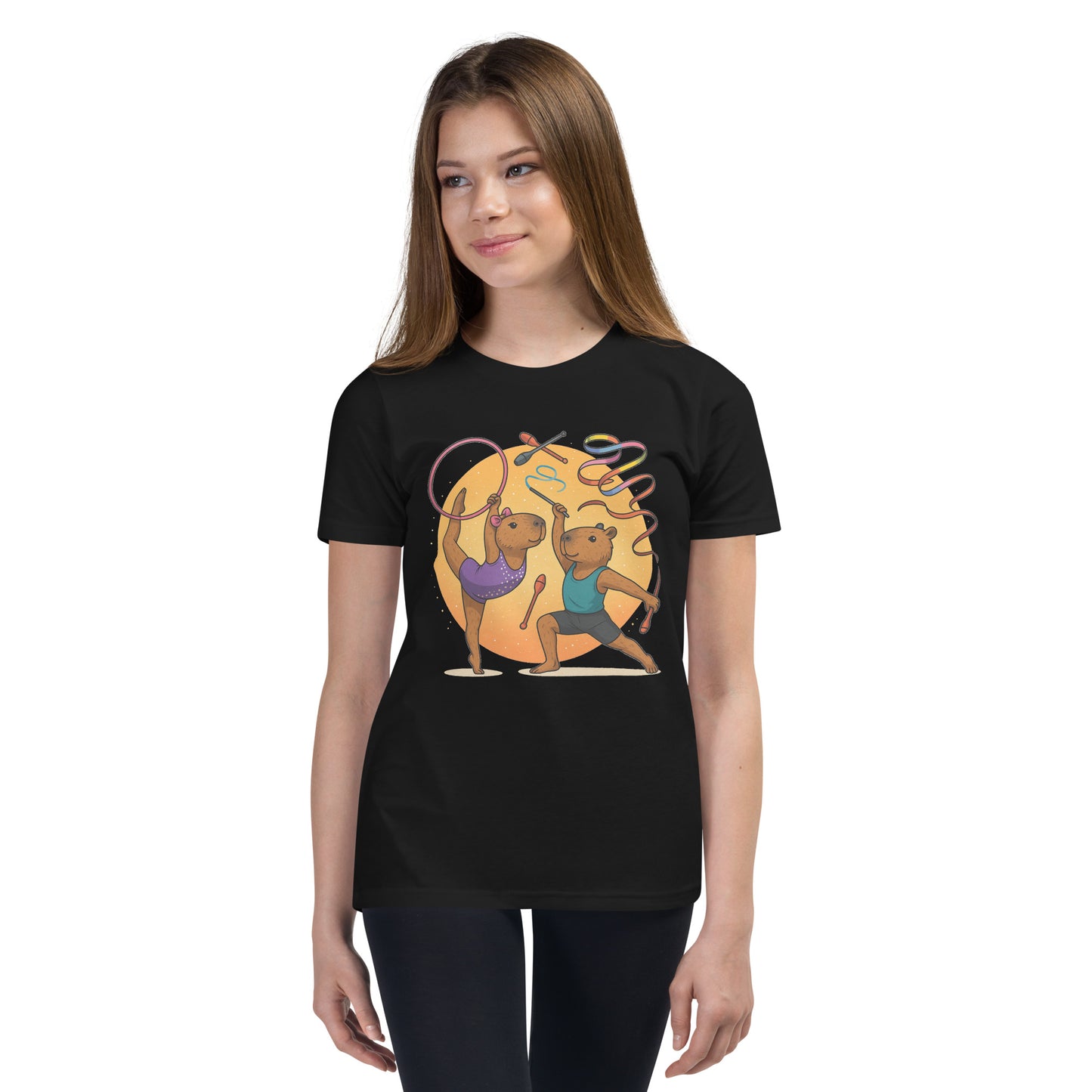 Cartoon Male and Female Capybaras Performing Rhythmic Gymnastics with Ribbons Teen T-Shirt front view, soft cotton youth tee
