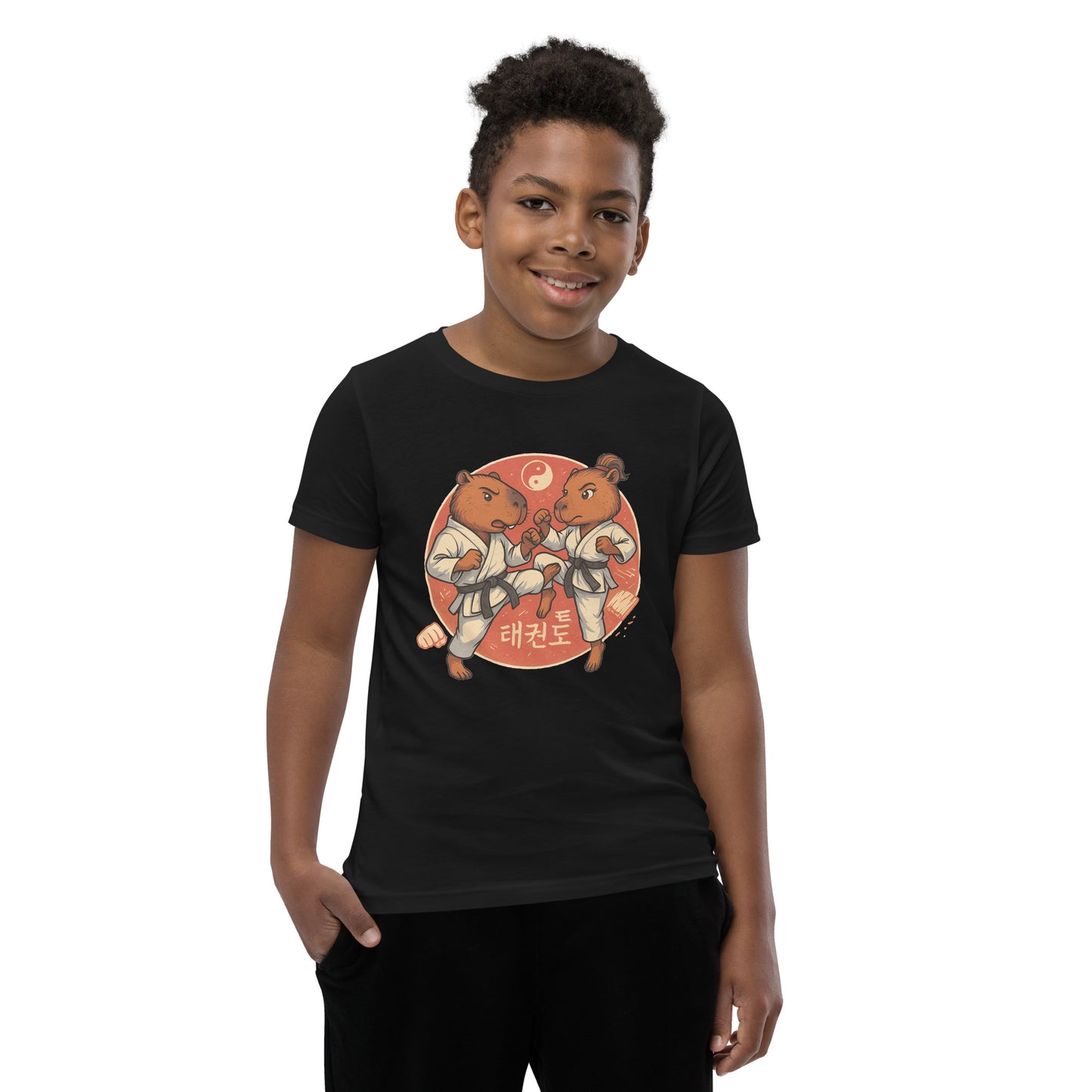 Cartoon Martial Arts Capybaras Fighting Teen T-Shirt front view, soft cotton youth tee