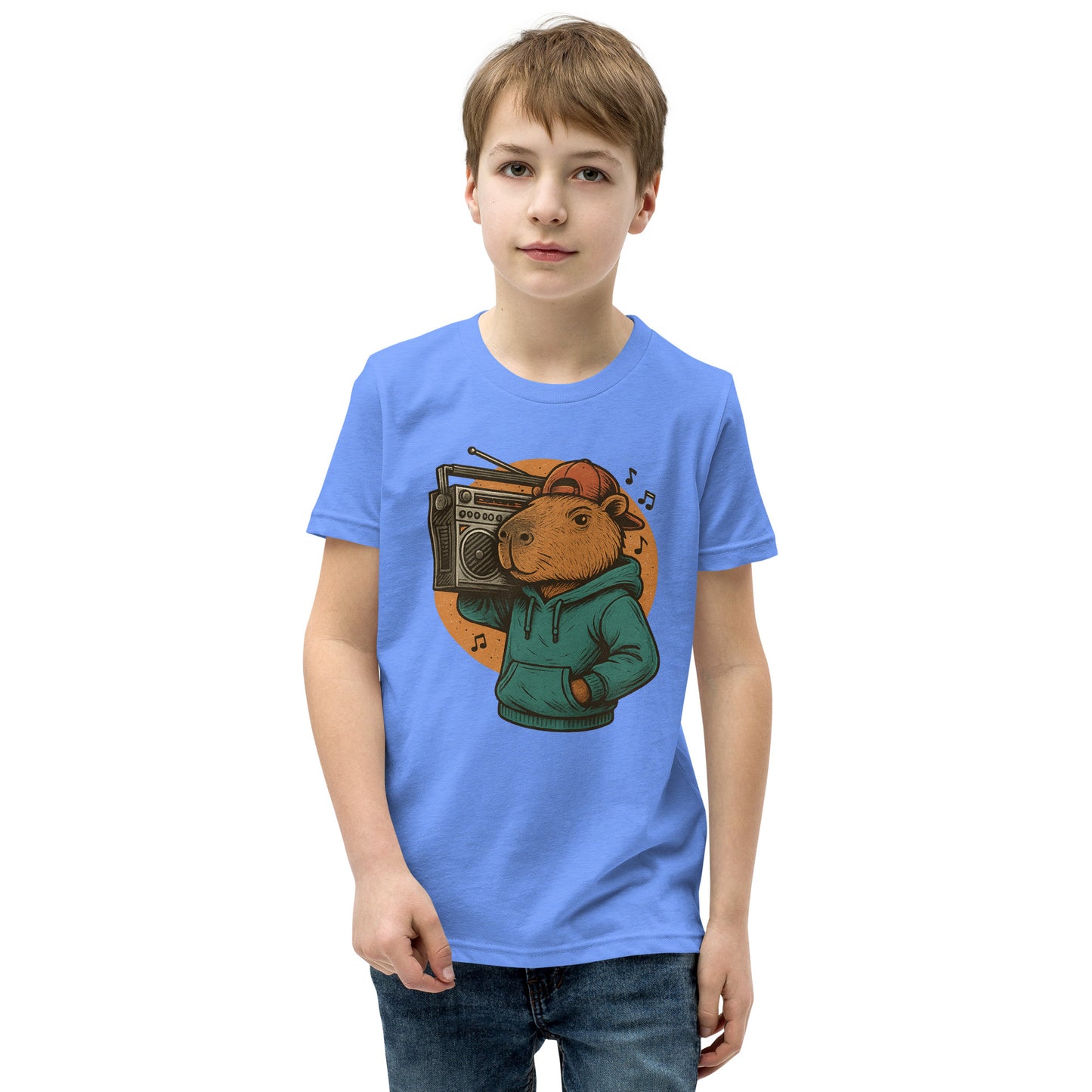 Cartoon Male Capybara with Boombox on Shoulder Teen T-Shirt front view, soft cotton youth tee