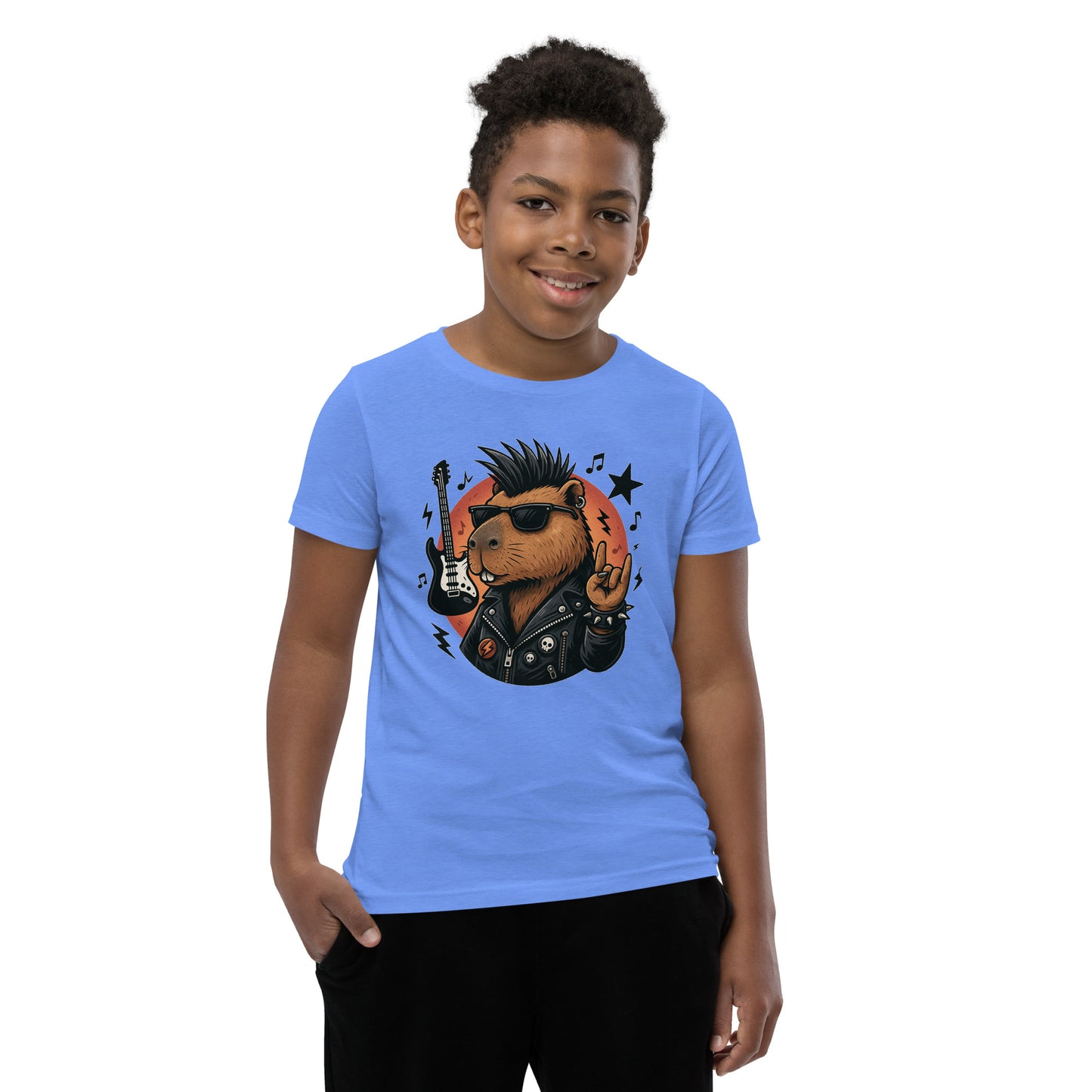 Cartoon Capybara in Rock and Roll Fashion with Guitar and Horns Teen T-Shirt front view, soft cotton youth tee