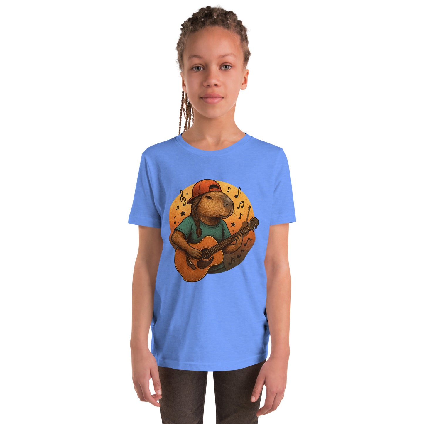Cartoon Female Capybara playing Guitar with Ponytail Teen T-Shirt front view, soft cotton youth tee