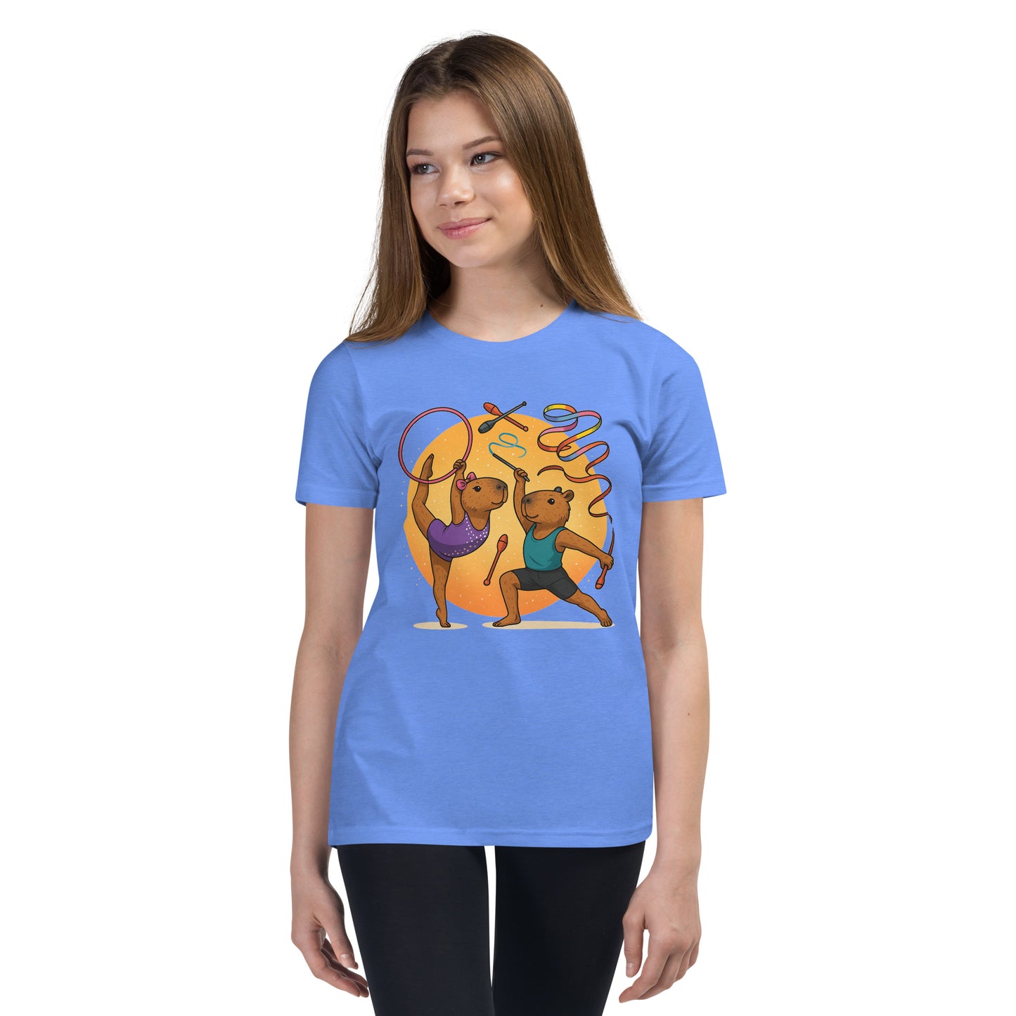 Cartoon Male and Female Capybaras Performing Rhythmic Gymnastics with Ribbons Teen T-Shirt front view, soft cotton youth tee