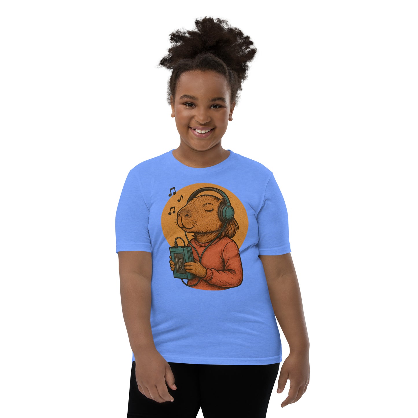 Cartoon Female Capybara Listening to Music with Walkman and Wired Headphones Teen T-Shirt front view, soft cotton youth tee