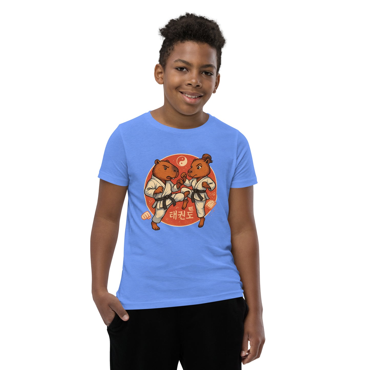 Cartoon Martial Arts Capybaras Fighting Teen T-Shirt front view, soft cotton youth tee