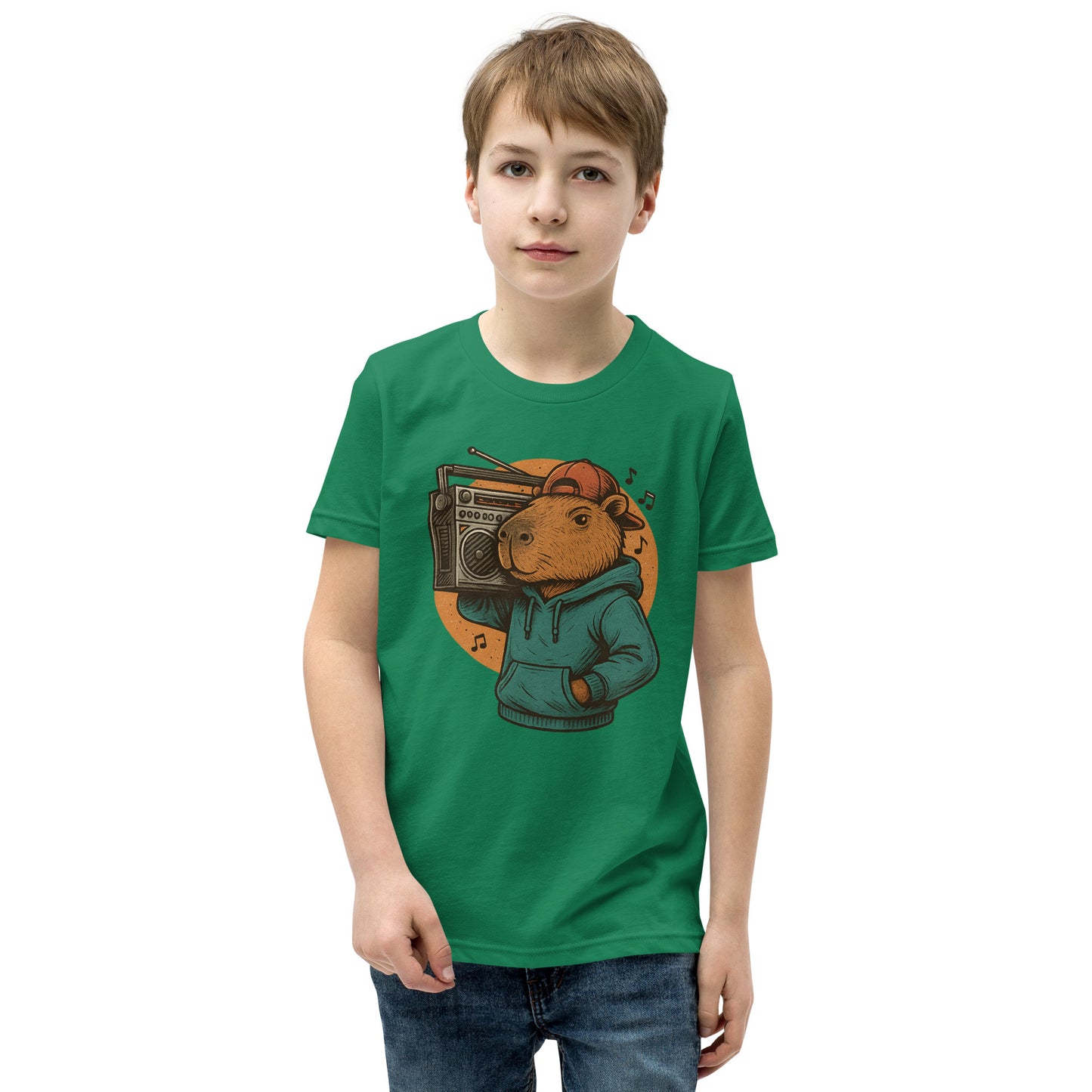 Cartoon Male Capybara with Boombox on Shoulder Teen T-Shirt front view, soft cotton youth tee