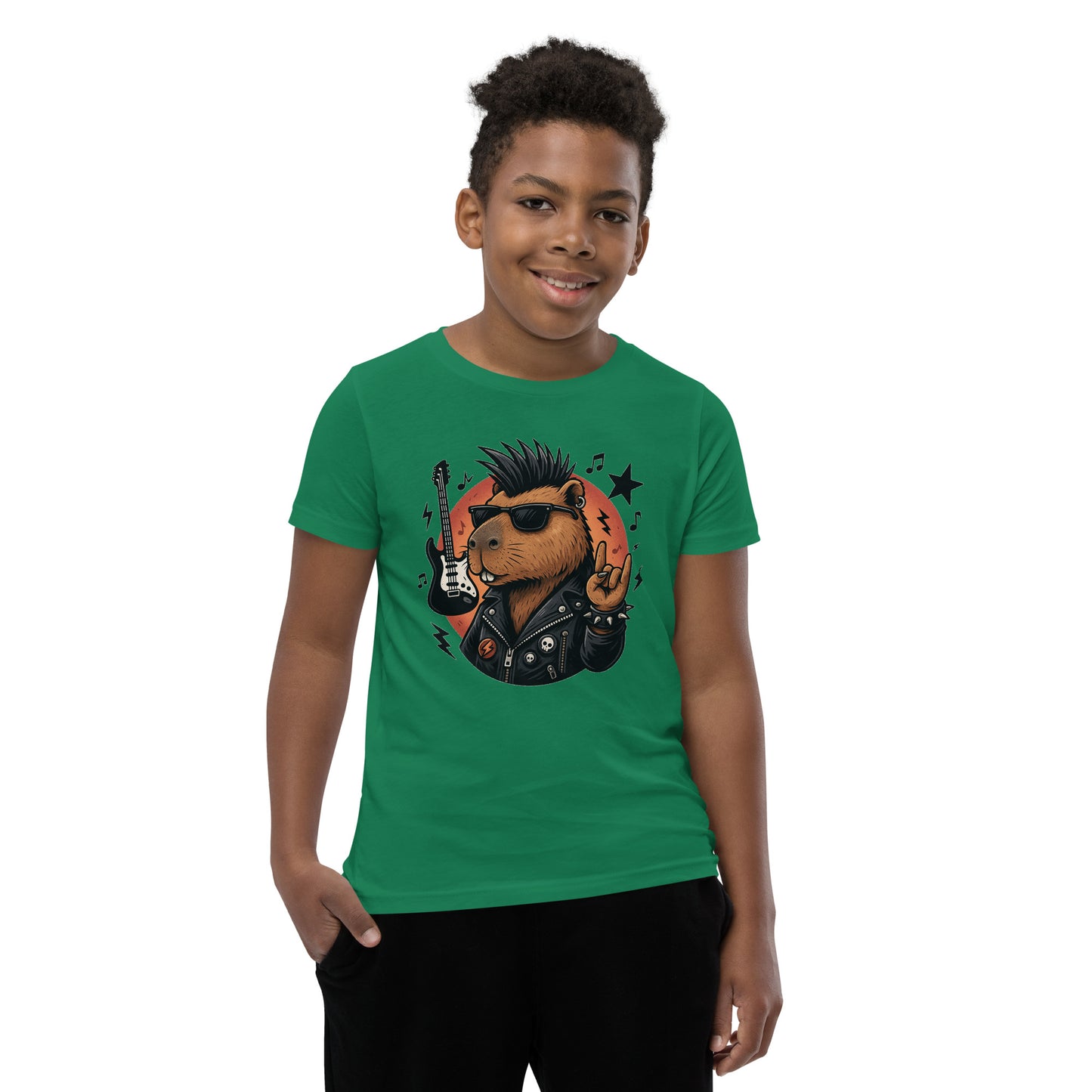Cartoon Capybara in Rock and Roll Fashion with Guitar and Horns Teen T-Shirt front view, soft cotton youth tee