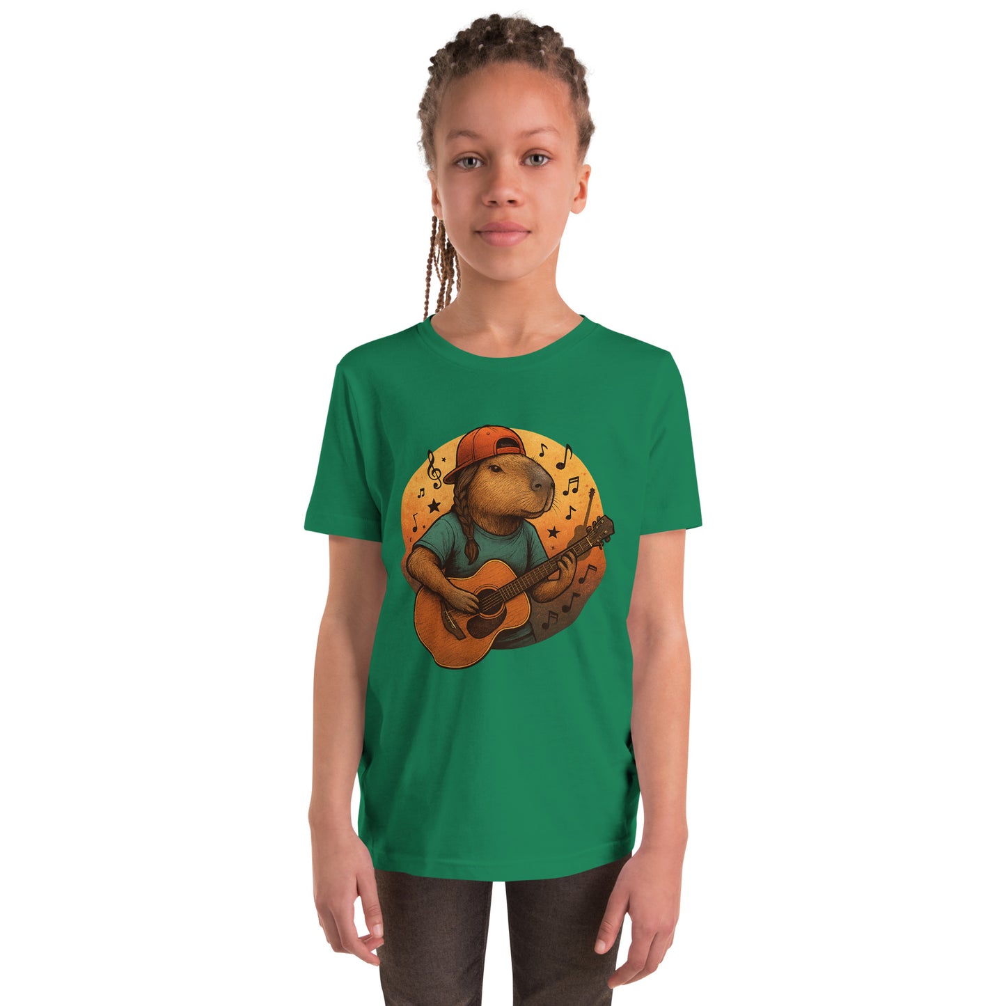 Cartoon Female Capybara playing Guitar with Ponytail Teen T-Shirt front view, soft cotton youth tee