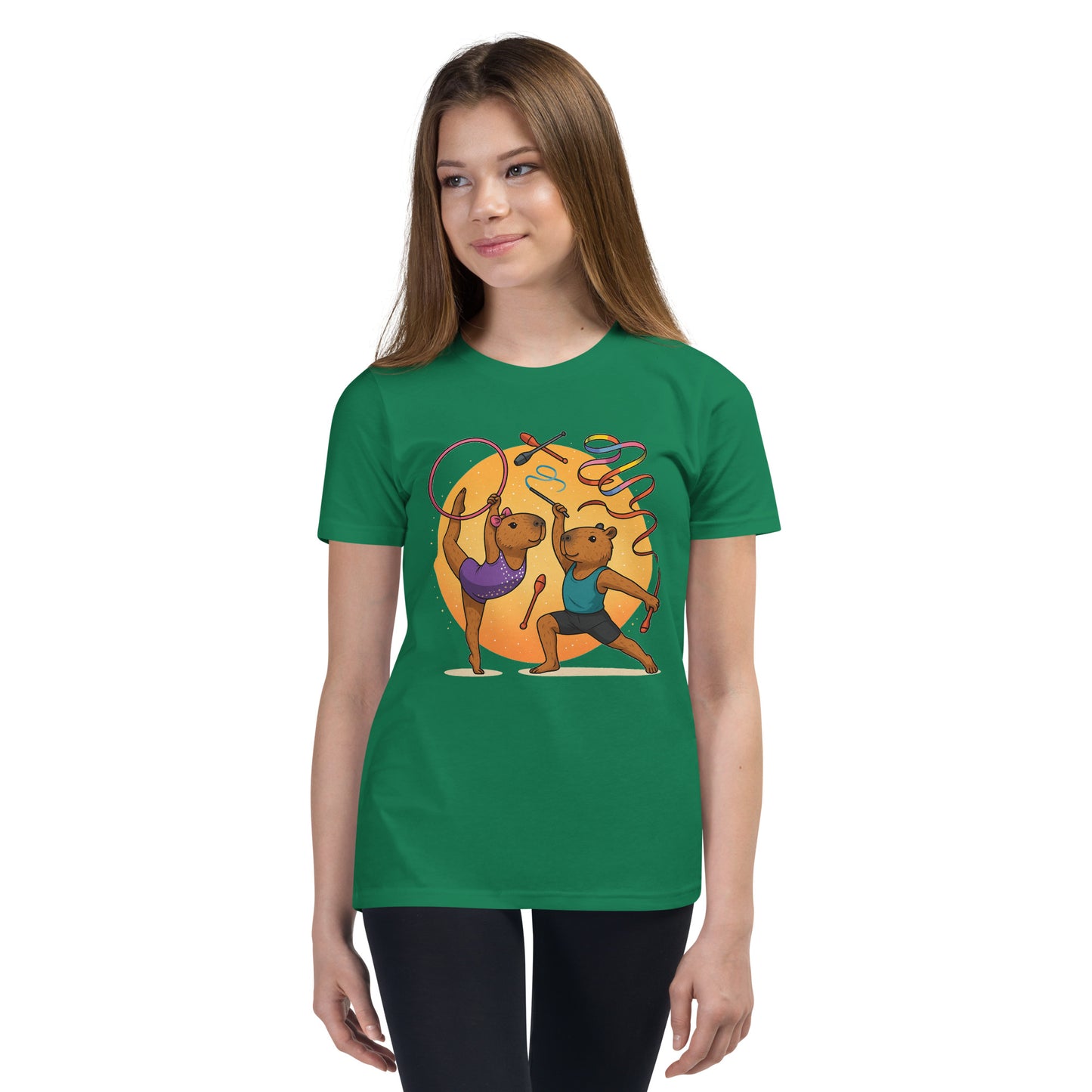 Cartoon Male and Female Capybaras Performing Rhythmic Gymnastics with Ribbons Teen T-Shirt front view, soft cotton youth tee