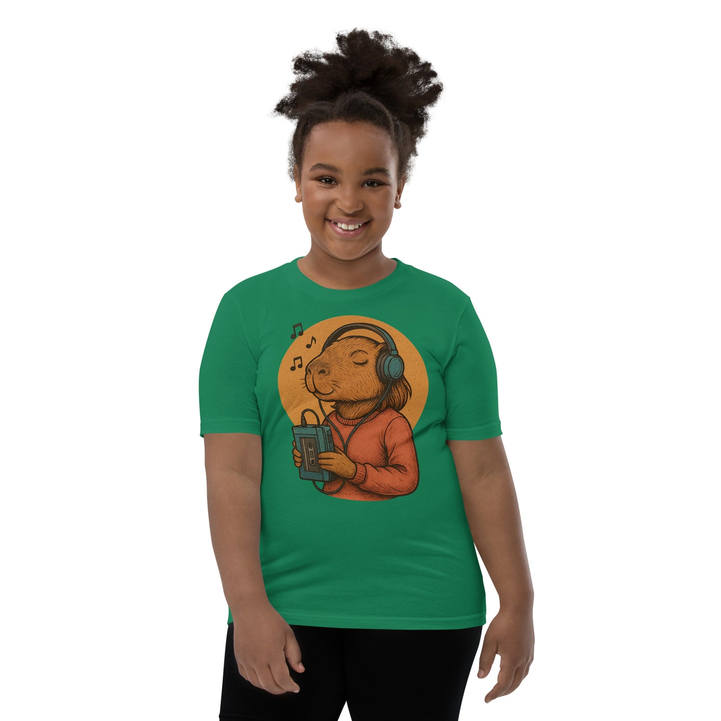 Cartoon Female Capybara Listening to Music with Walkman and Wired Headphones Teen T-Shirt front view, soft cotton youth tee