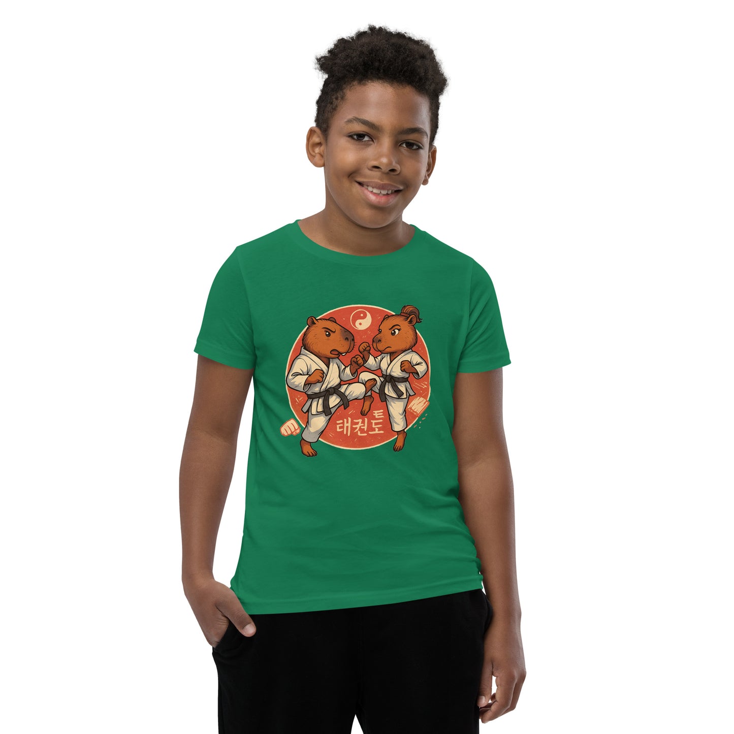 Cartoon Martial Arts Capybaras Fighting Teen T-Shirt front view, soft cotton youth tee