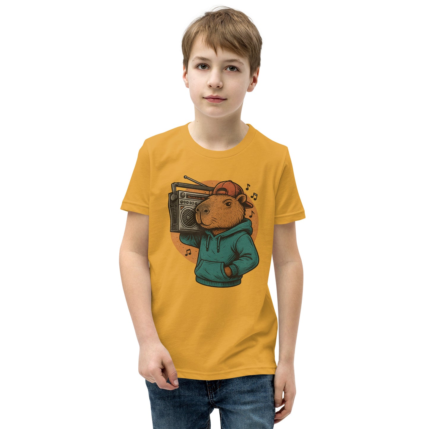 Cartoon Male Capybara with Boombox on Shoulder Teen T-Shirt front view, soft cotton youth tee