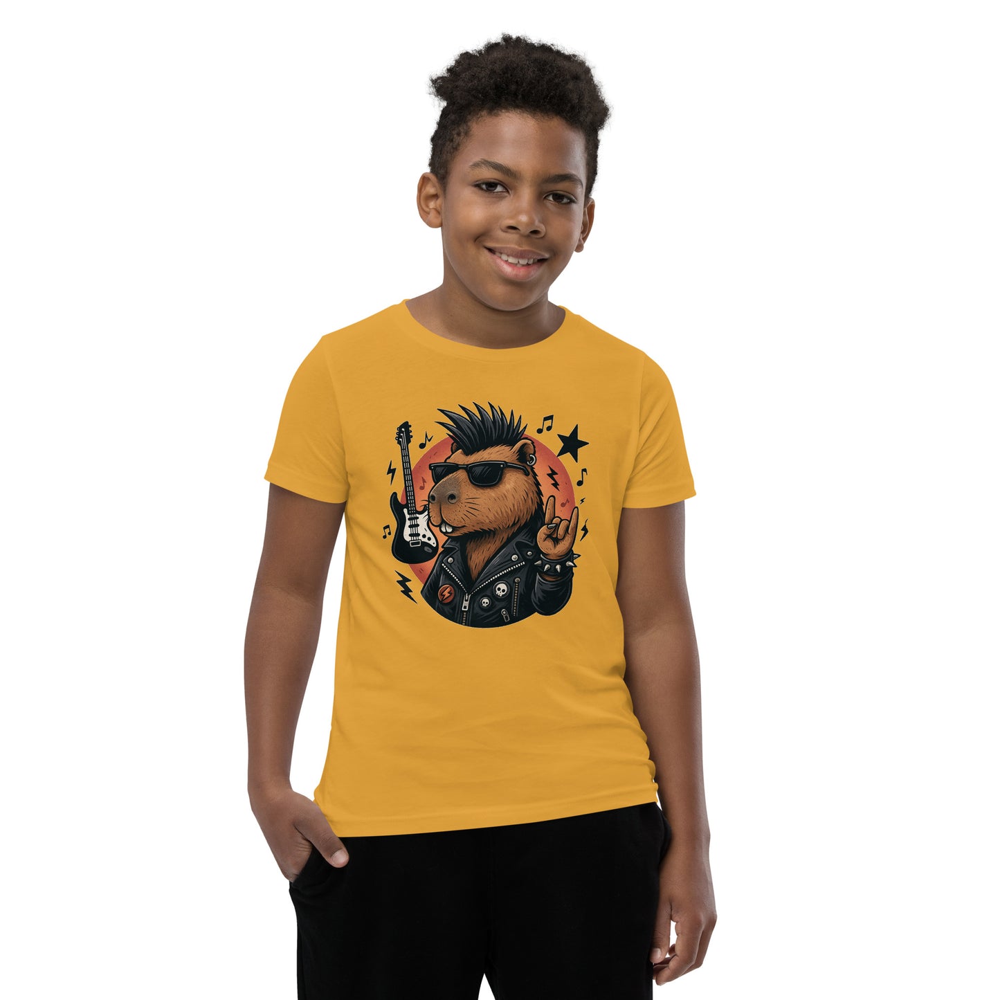 Cartoon Capybara in Rock and Roll Fashion with Guitar and Horns Teen T-Shirt front view, soft cotton youth tee