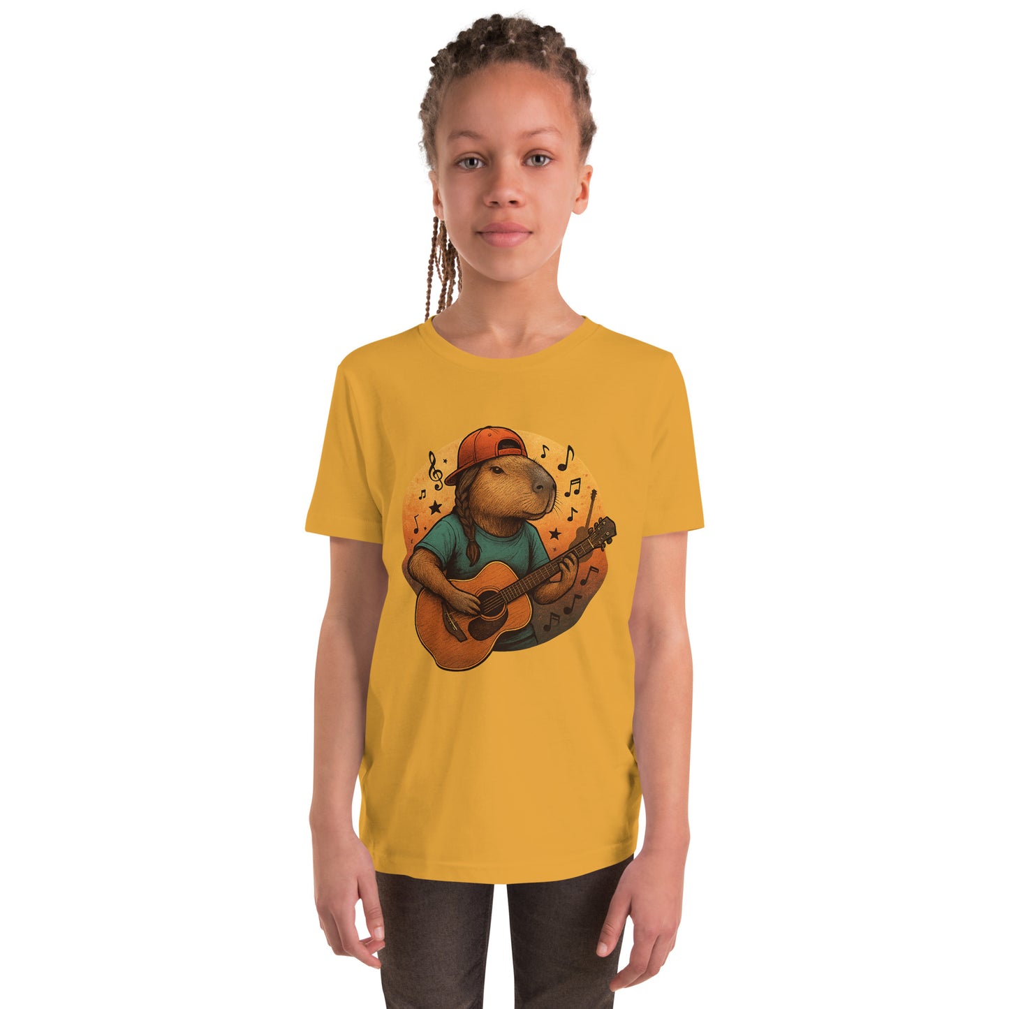 Cartoon Female Capybara playing Guitar with Ponytail Teen T-Shirt front view, soft cotton youth tee