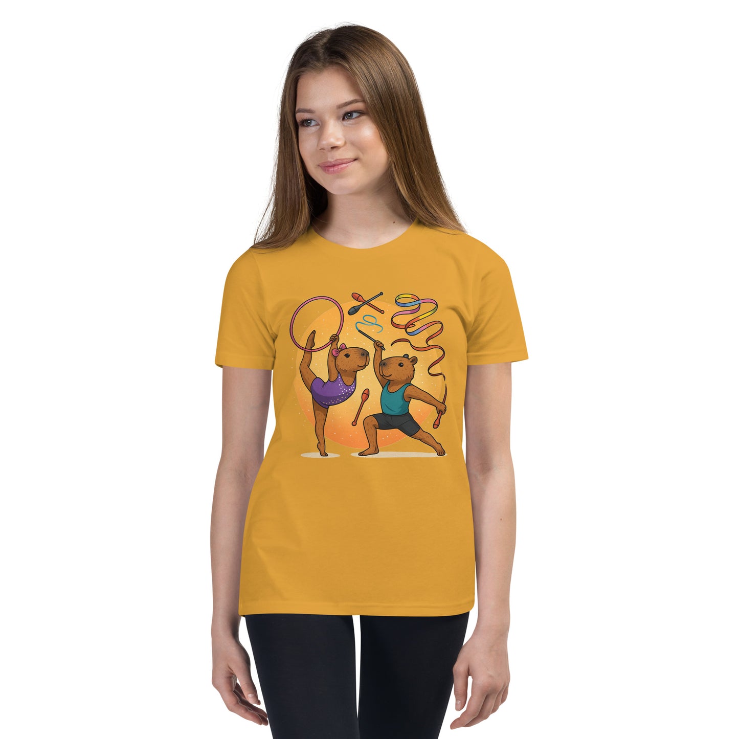 Cartoon Male and Female Capybaras Performing Rhythmic Gymnastics with Ribbons Teen T-Shirt front view, soft cotton youth tee