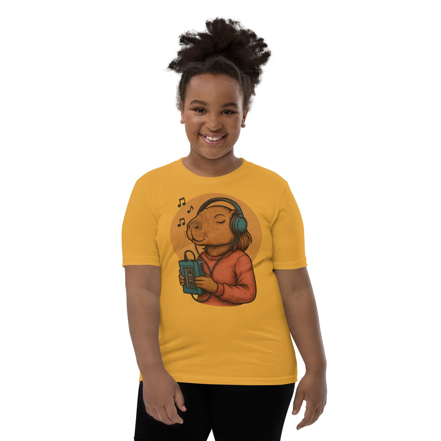 Cartoon Female Capybara Listening to Music with Walkman and Wired Headphones Teen T-Shirt front view, soft cotton youth tee