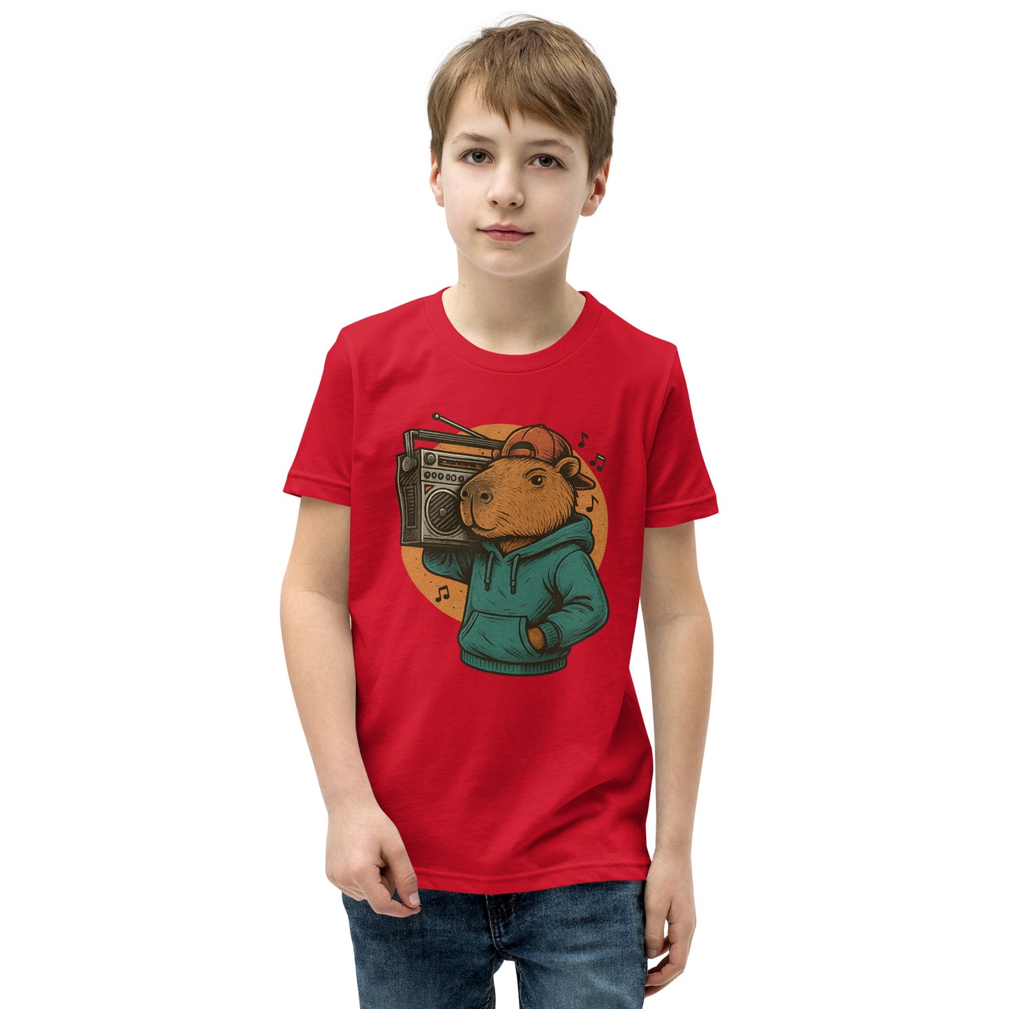 Cartoon Male Capybara with Boombox on Shoulder Teen T-Shirt front view, soft cotton youth tee