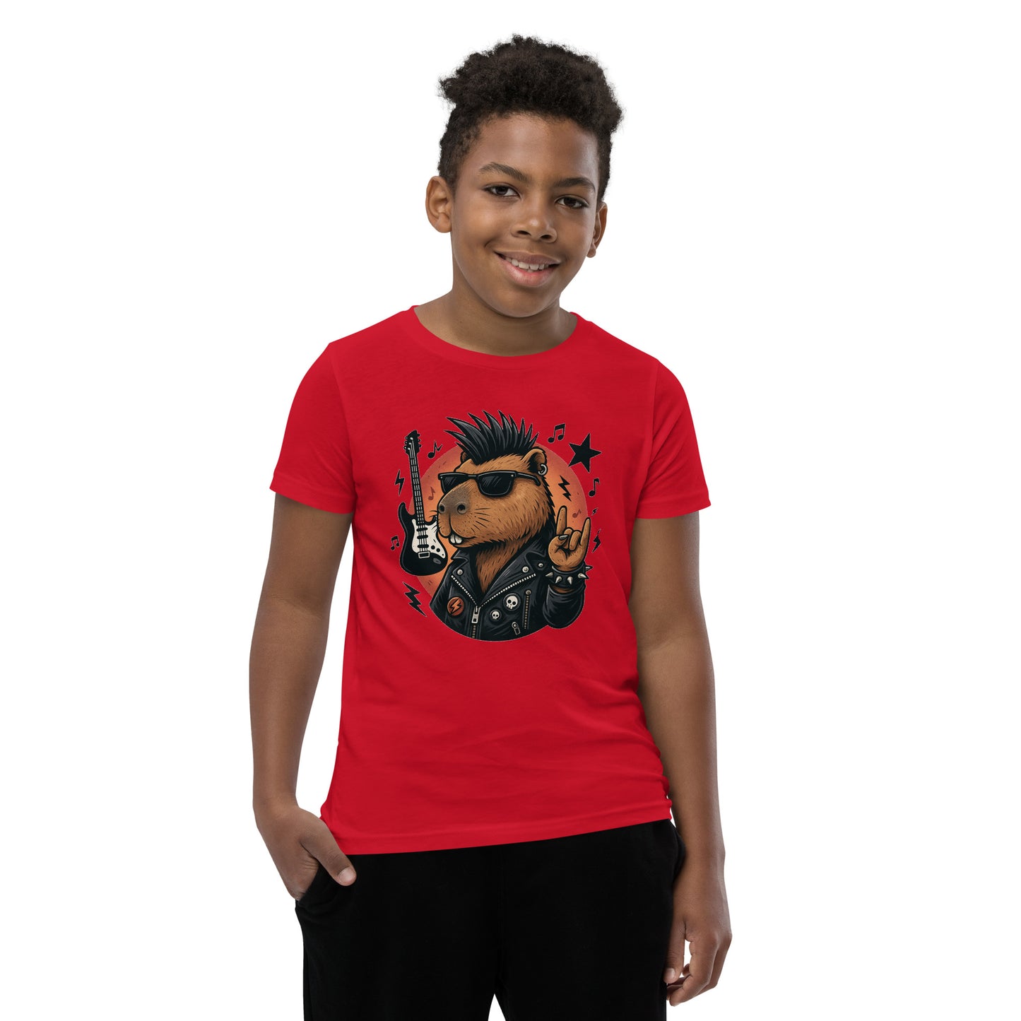 Cartoon Capybara in Rock and Roll Fashion with Guitar and Horns Teen T-Shirt front view, soft cotton youth tee