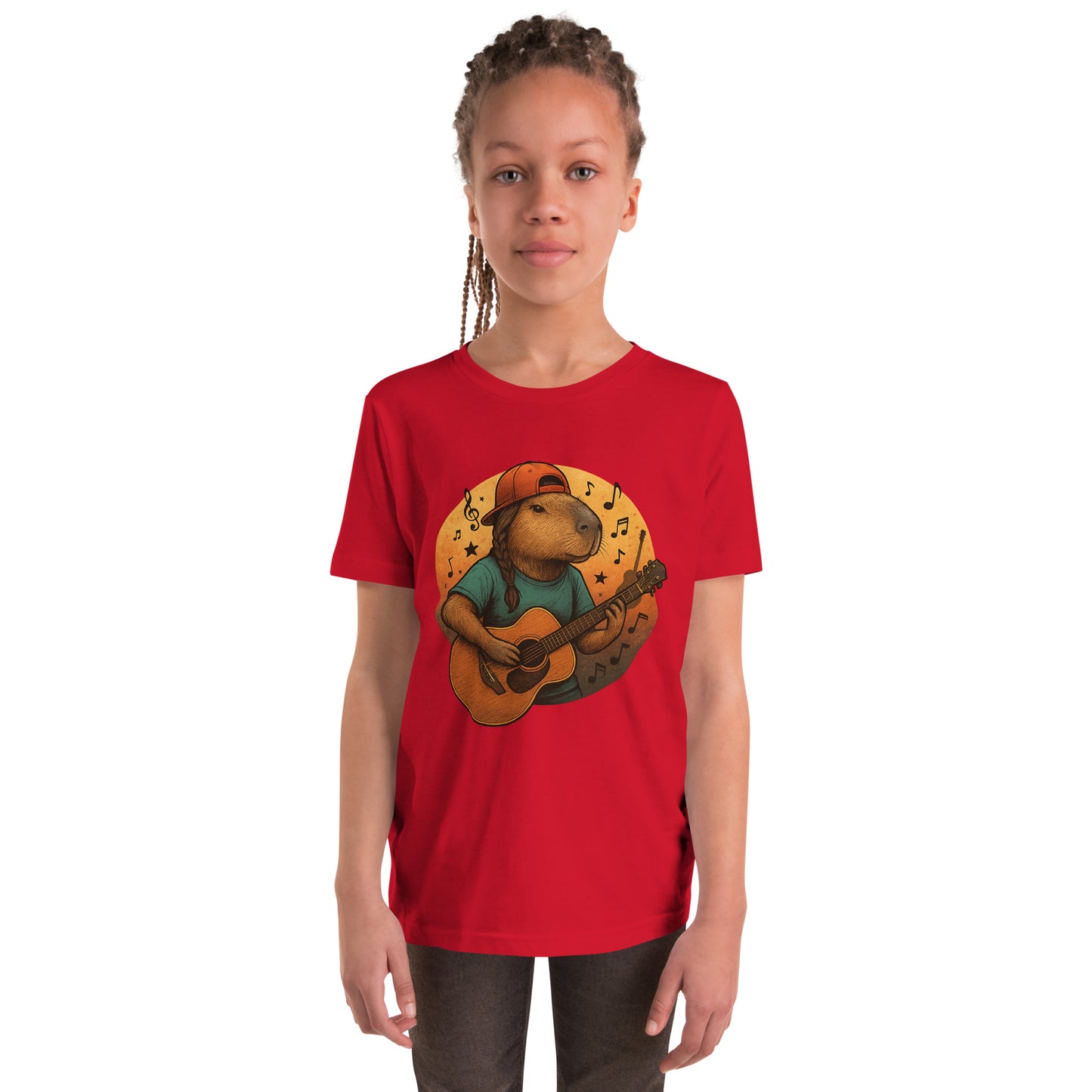 Cartoon Female Capybara playing Guitar with Ponytail Teen T-Shirt front view, soft cotton youth tee