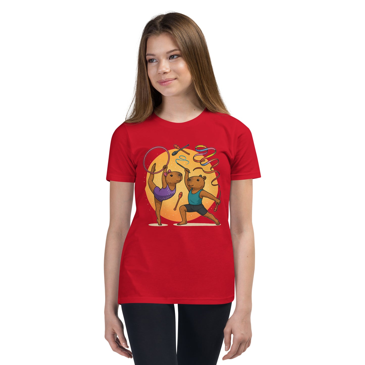 Cartoon Male and Female Capybaras Performing Rhythmic Gymnastics with Ribbons Teen T-Shirt front view, soft cotton youth tee