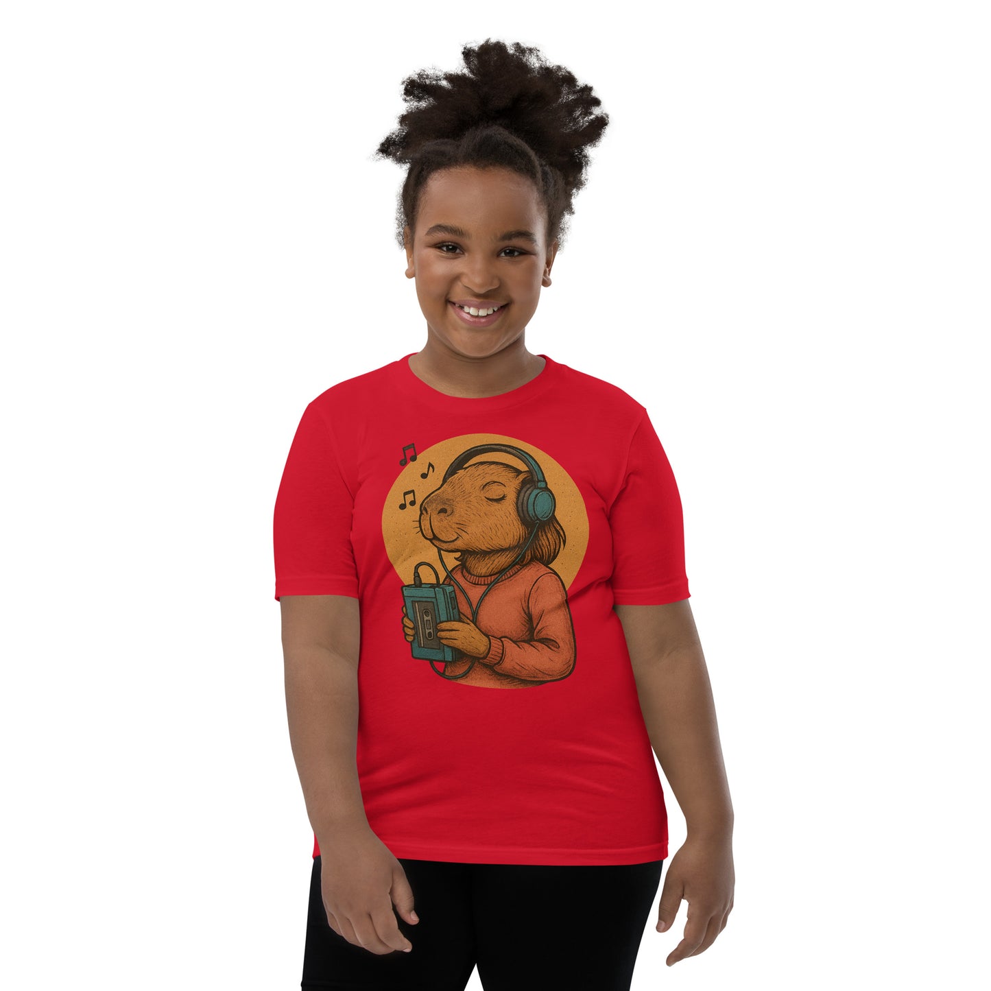 Cartoon Female Capybara Listening to Music with Walkman and Wired Headphones Teen T-Shirt front view, soft cotton youth tee