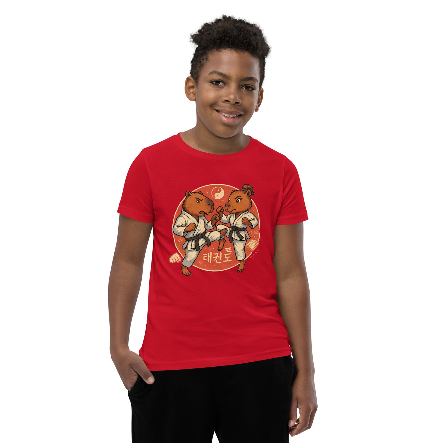 Cartoon Martial Arts Capybaras Fighting Teen T-Shirt front view, soft cotton youth tee